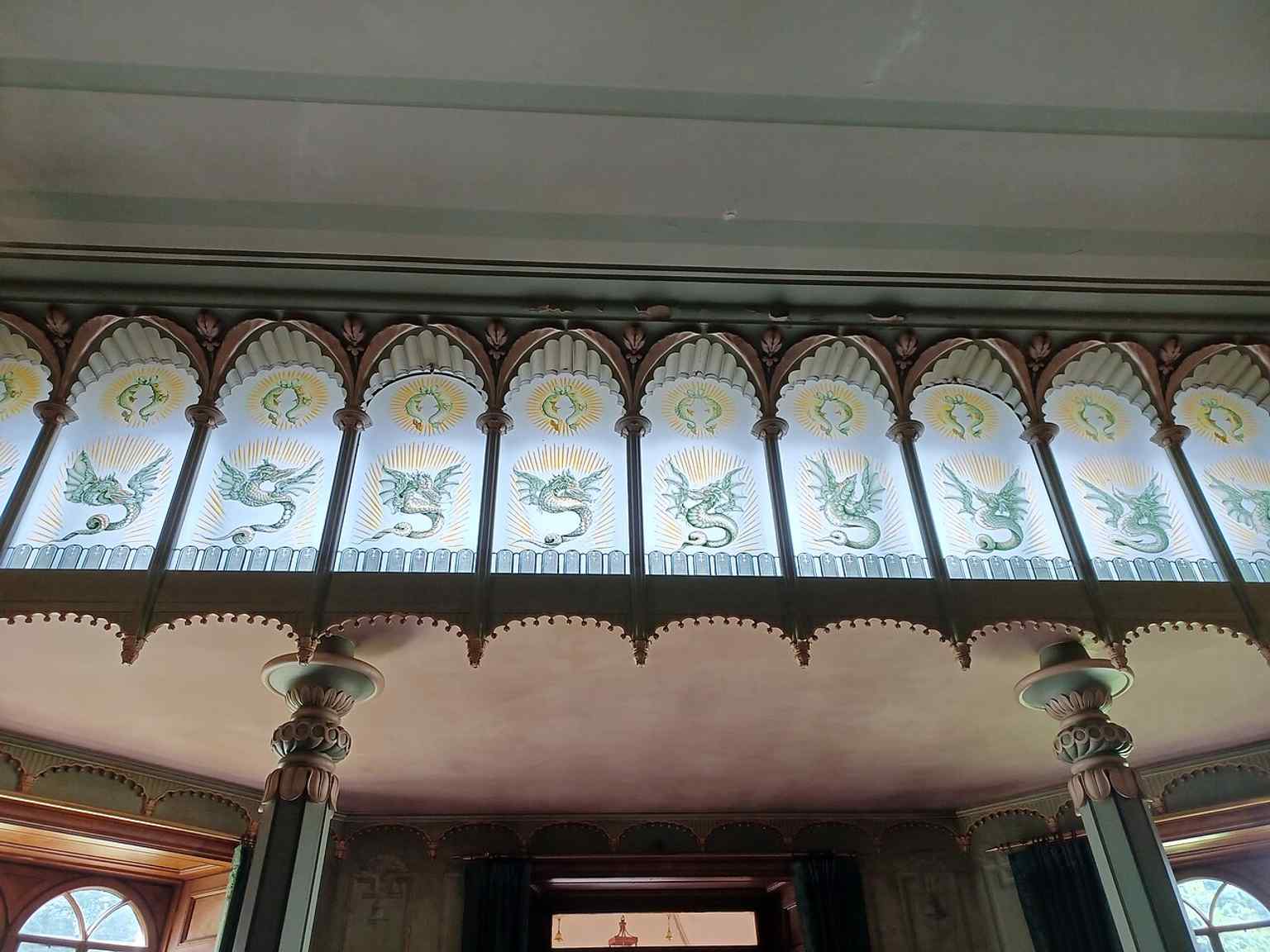 A richly decorated interior detail that captures the Pavilion’s Chinese and Indian-inspired fantasy style inside, not just on the façade.