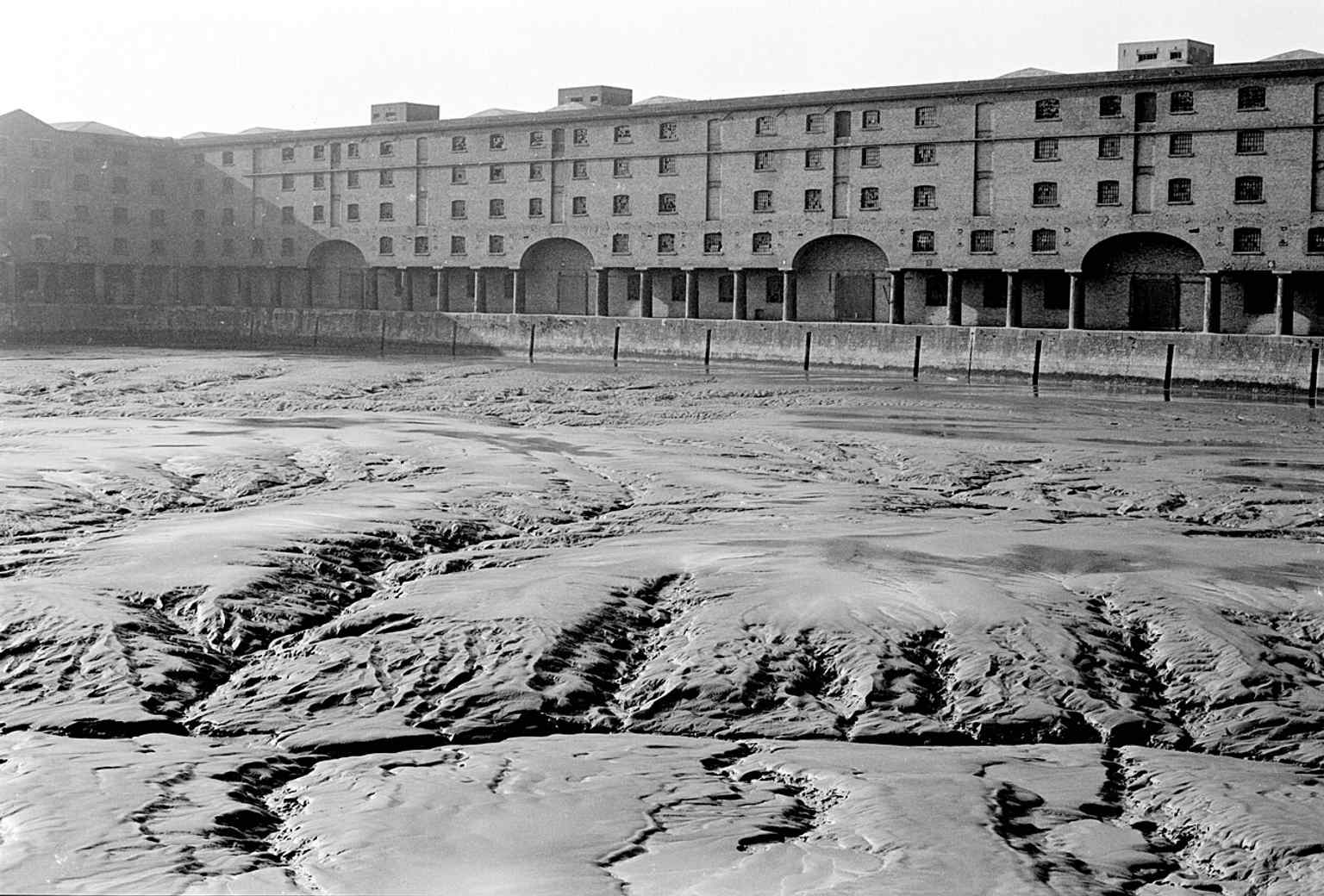 A view inside the silted dock basin before demolition plans were dropped, showing how far the once-busy dock had fallen after closure in 1972.