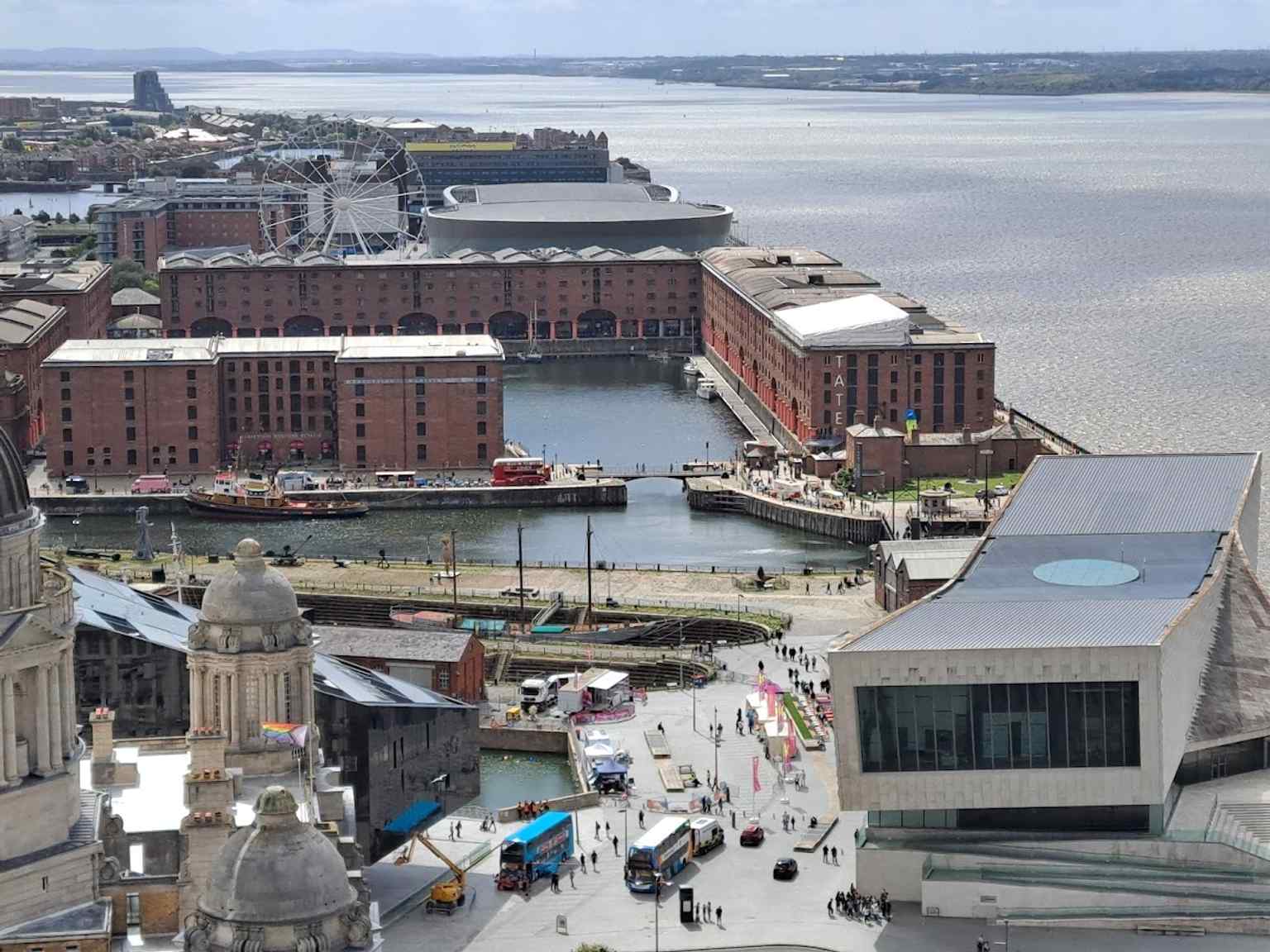 An aerial view of the Liverpool waterfront that helps explain how the dock sits beside the Pier Head and the wider historic dock system.