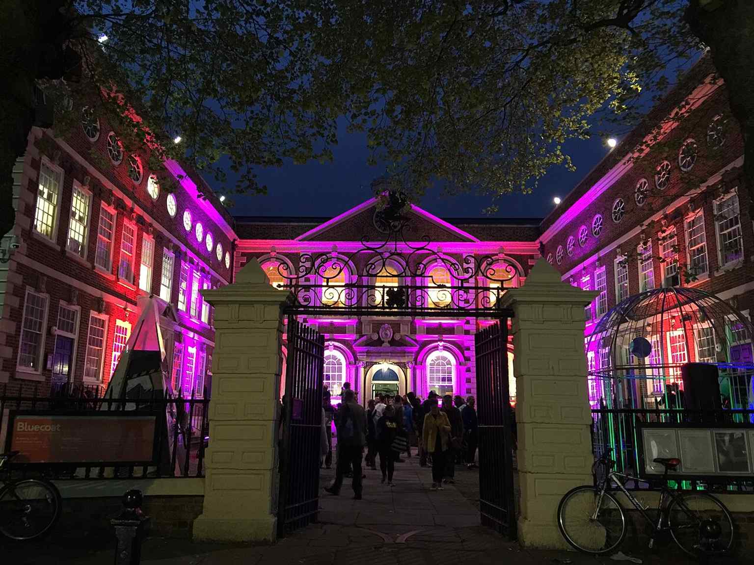 The Bluecoat’s front façade lit up for the 2016 festival — this is the oldest surviving building in central Liverpool, originally built as a charity school in 1716–17.