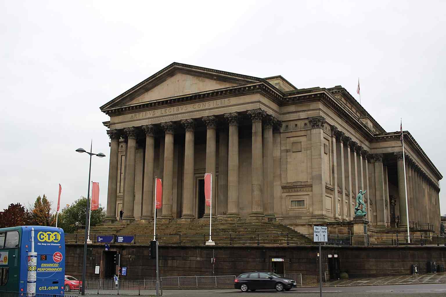 A classic street view of St George’s Hall’s east front, the ceremonial entrance opposite Lime Street station.