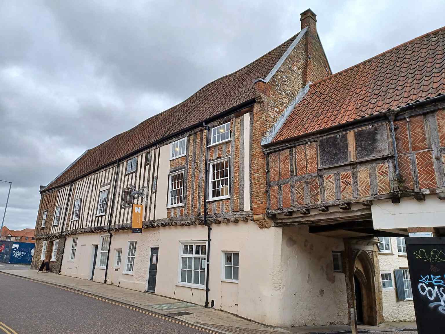 Dragon Hall seen from outside on King Street, linking the building to Norwich’s historic river-and-road trading routes.