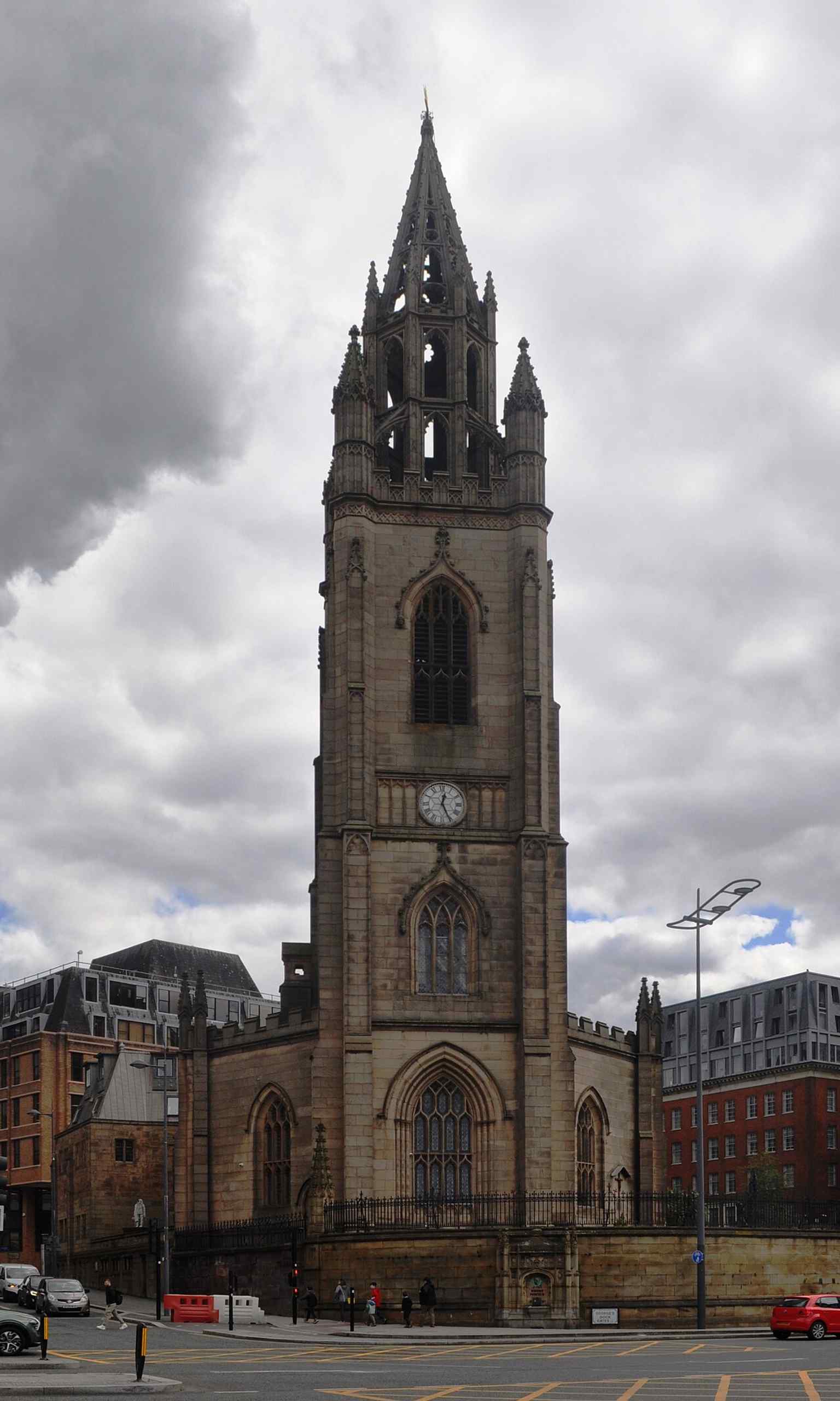 A different modern view of the church, useful for showing how the rebuilt nave sits with the surviving lantern tower.