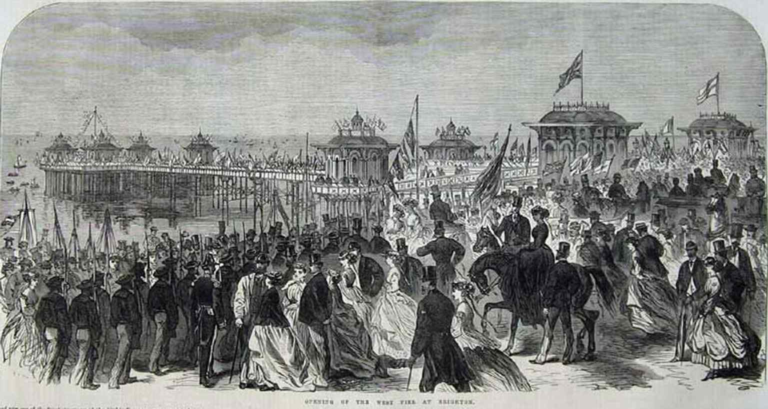 The pier’s grand opening in 1866, with the original ornamental houses and weather screens that made it Birch’s seaside ‘masterpiece’.