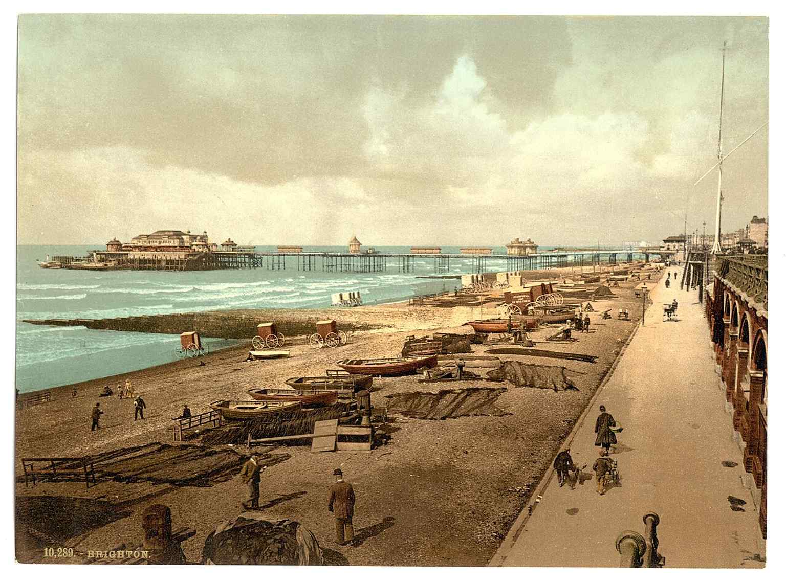 A Victorian photochrom view from the east showing West Pier in its early glory, when Brighton had only just gained its second pier.