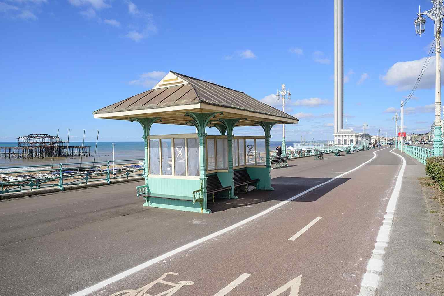West Pier with the i360 in the background, linking the ruined landmark to modern seafront development.