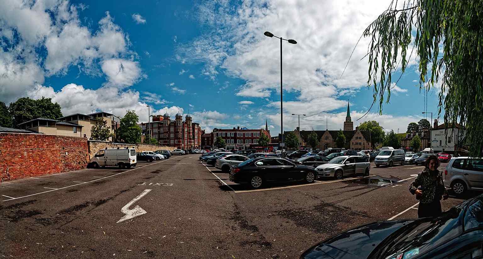 A close exterior view of the tower from Hythe Bridge Street, useful for showing the building’s mid-century form and height.