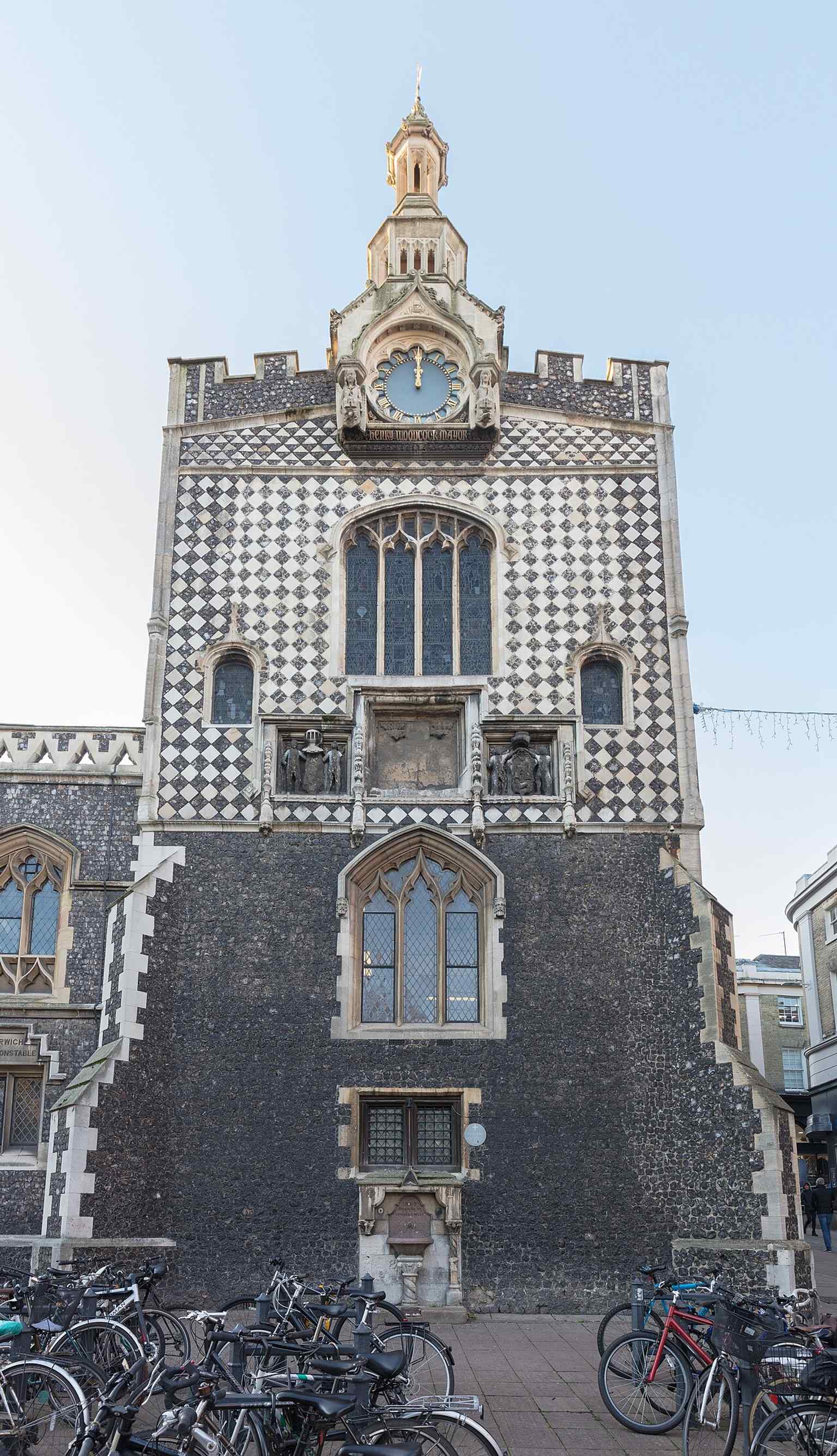 A close look at the Guildhall’s stonework and façade details, echoing the building’s later additions and 16th-century rebuilding on the east side.