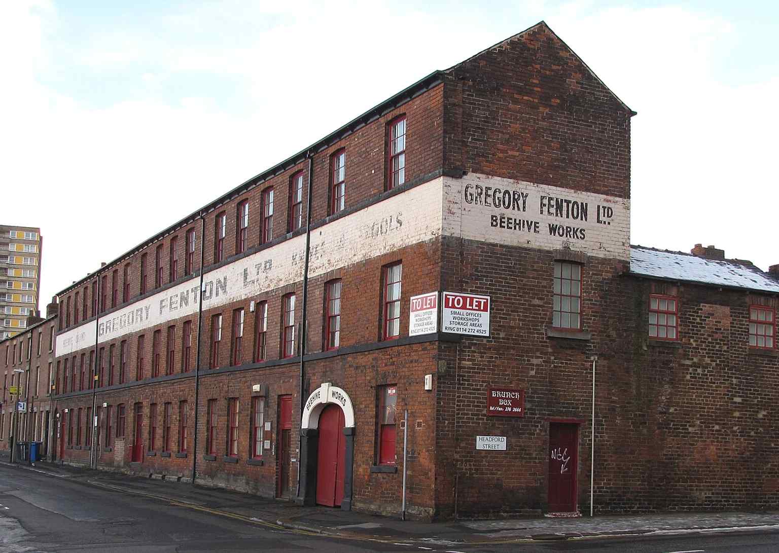 The long red-brick frontage of Beehive Works on Milton Street, a Grade II* listed cutlery works that helped define Sheffield’s metalworking quarter.
