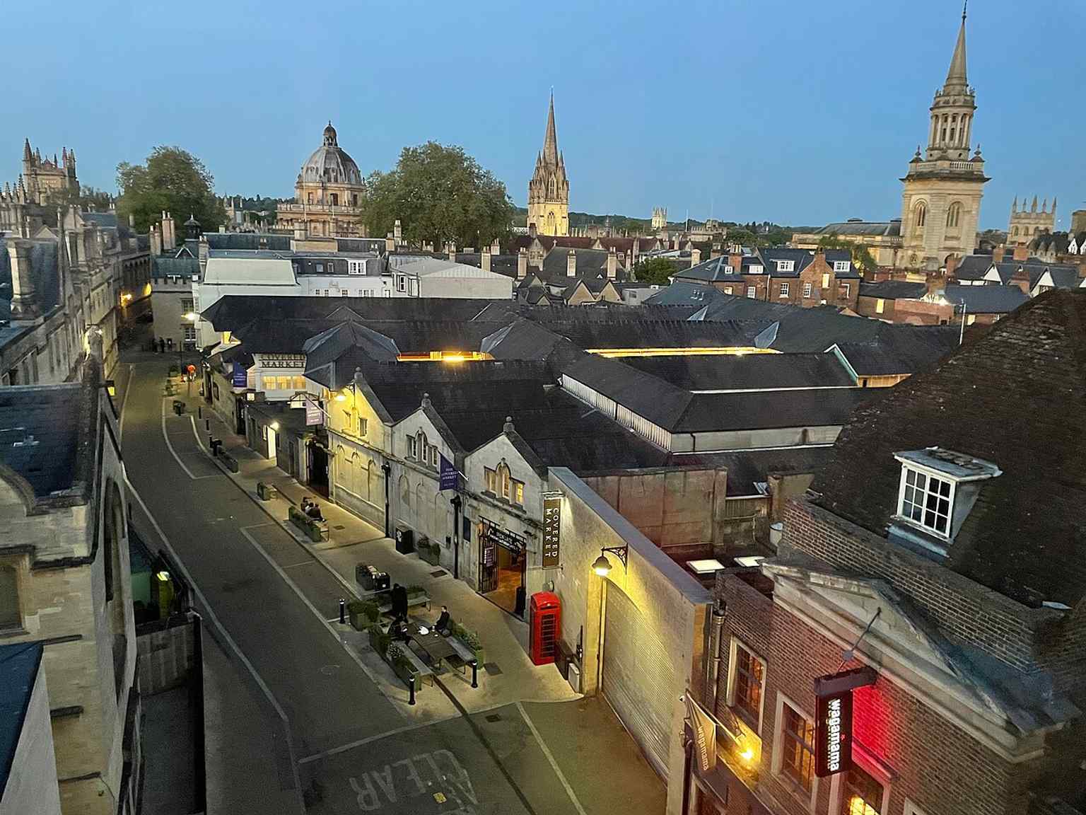 An elevated view along Market Street, one of the main approaches to the Covered Market, helping place the building in the city centre.
