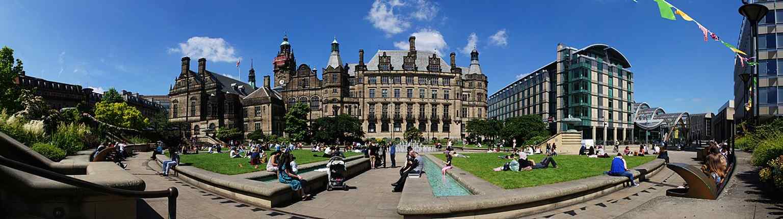 A sweeping view of the Town Hall and Peace Gardens together, showing how the civic building anchors the heart of Sheffield’s city centre.