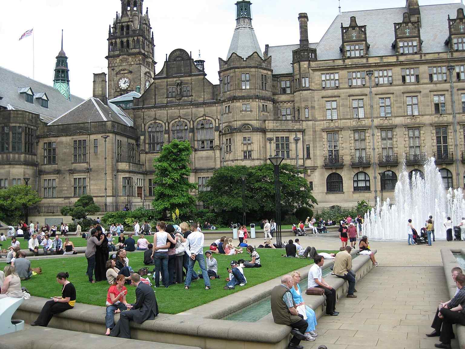 Peace Gardens with the Town Hall behind, linking the civic building to the nearby public space where the Holberry Cascades commemorate the Chartist leader Samuel Holberry.