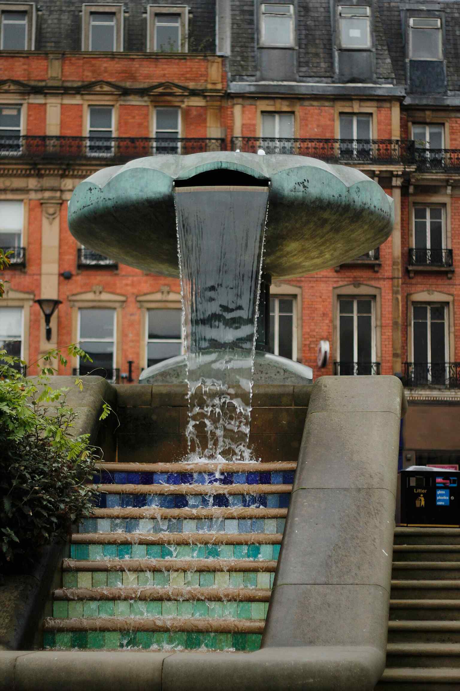The water fountain beside the Town Hall, a good detail view for the Peace Gardens setting and the landscape around the civic centre.