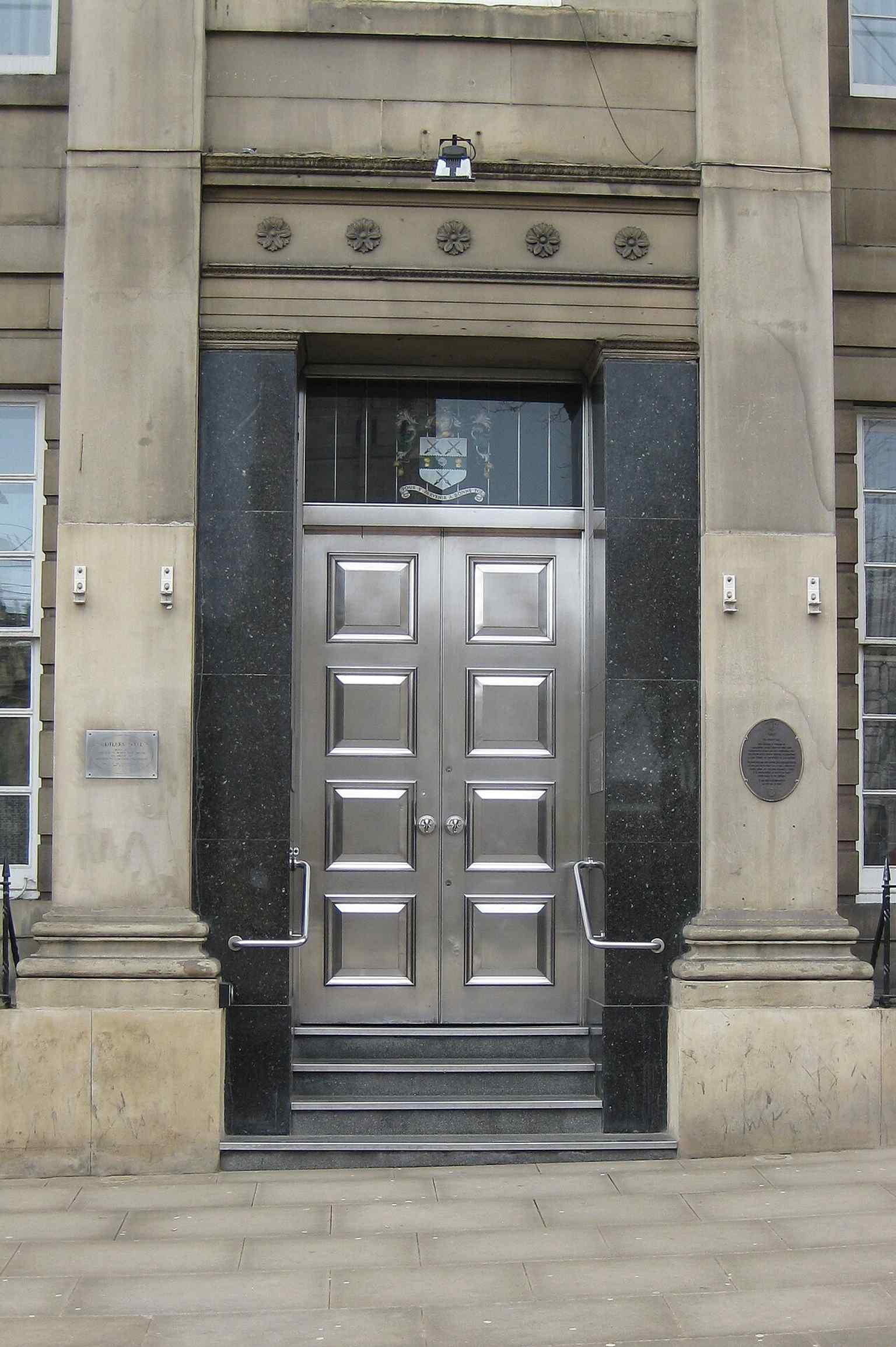 The Hall’s steel entrance door, a fitting detail for the Sheffield cutlery trade that helped shape the Company’s history.