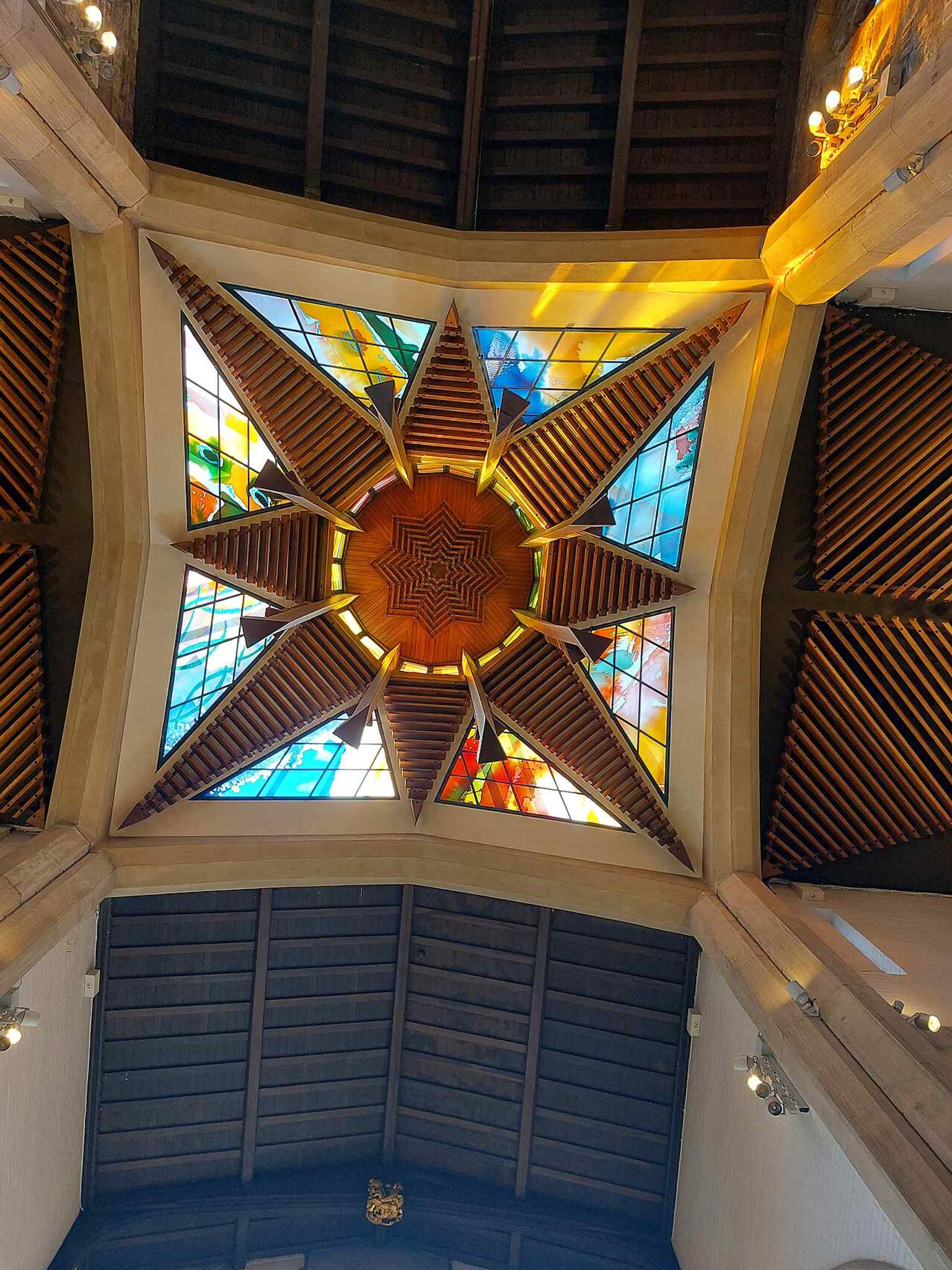 The lantern tower rising above the cathedral roof, one of the building’s later additions that helped bring light into the church.