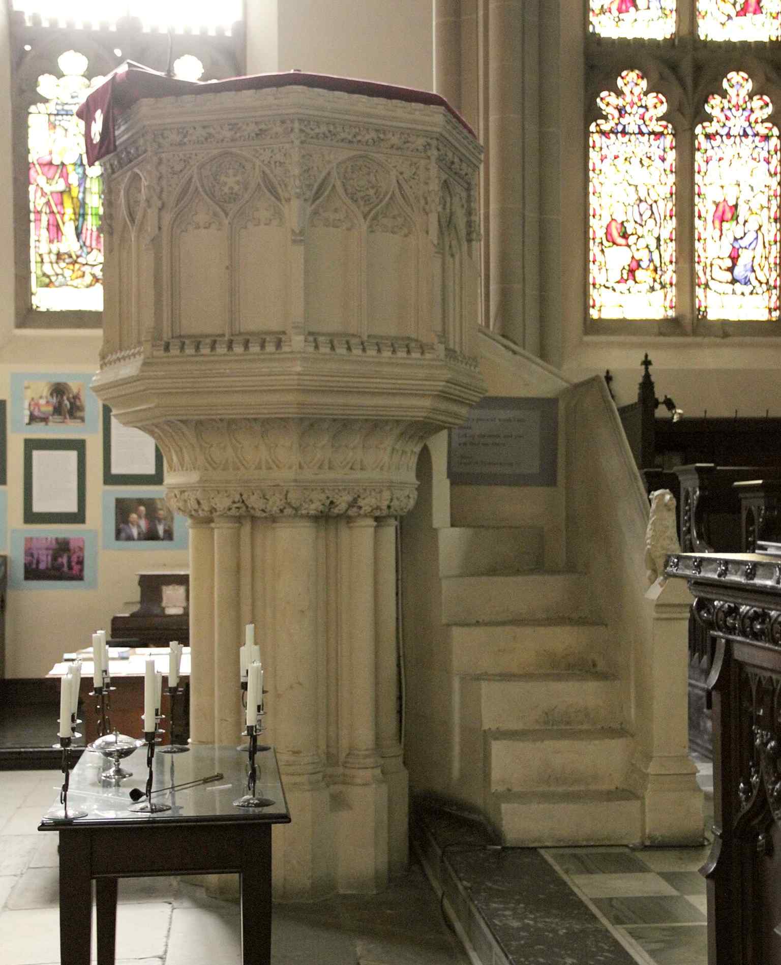 The pulpit inside Mill Hill Chapel, part of the 1848 Gothic rebuild that replaced the original 17th-century chapel.