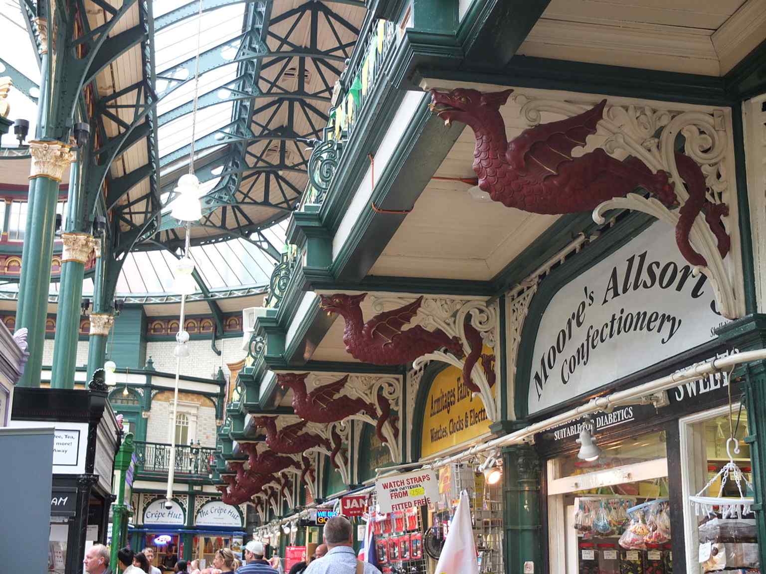 A close look at the market’s decorative dragons, part of the ornate Edwardian frontage that gave the hall its grand civic look.