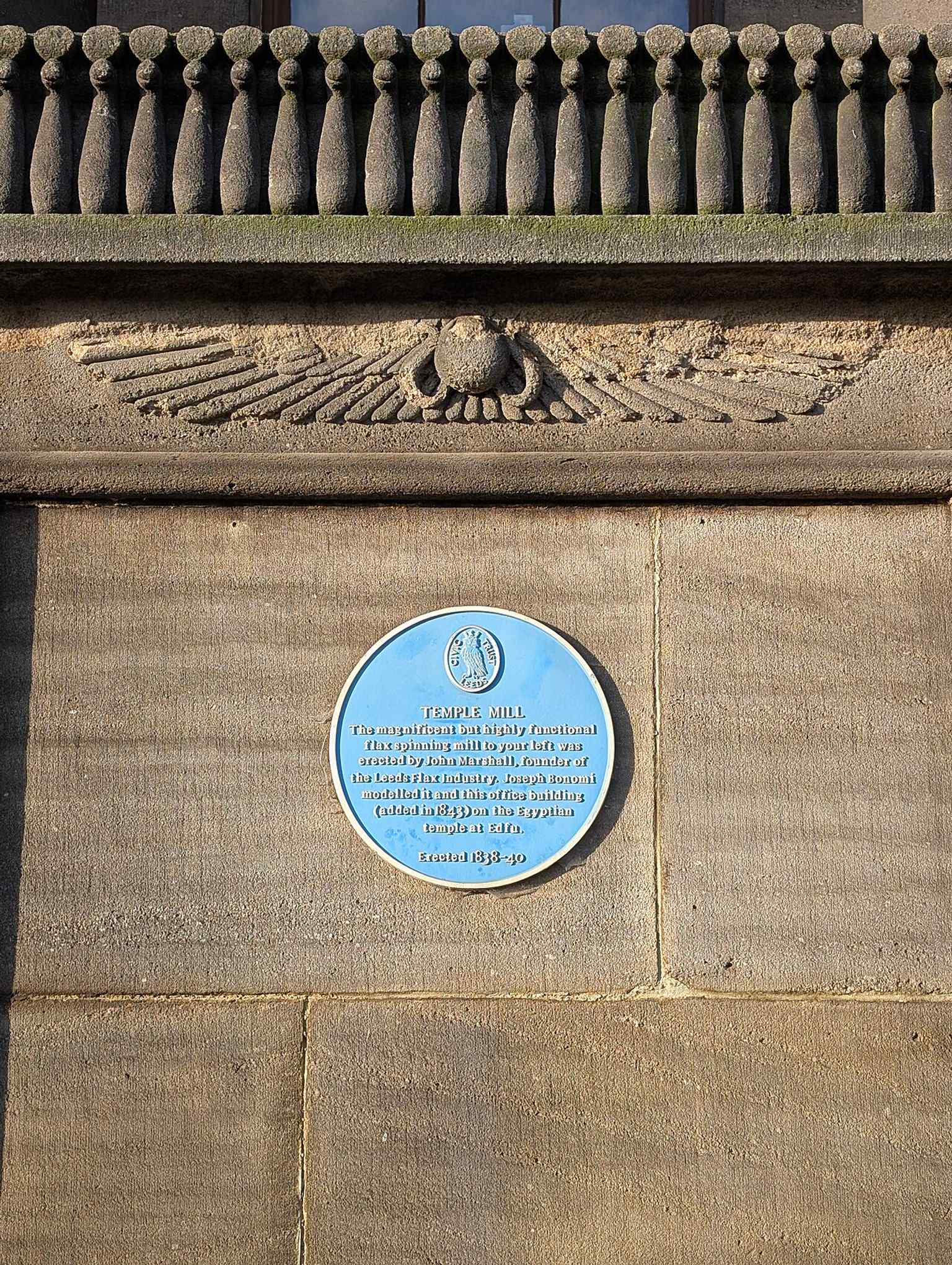 Another exterior detail from Temple Works, highlighting the building’s unusual façade rather than the wider frontage.