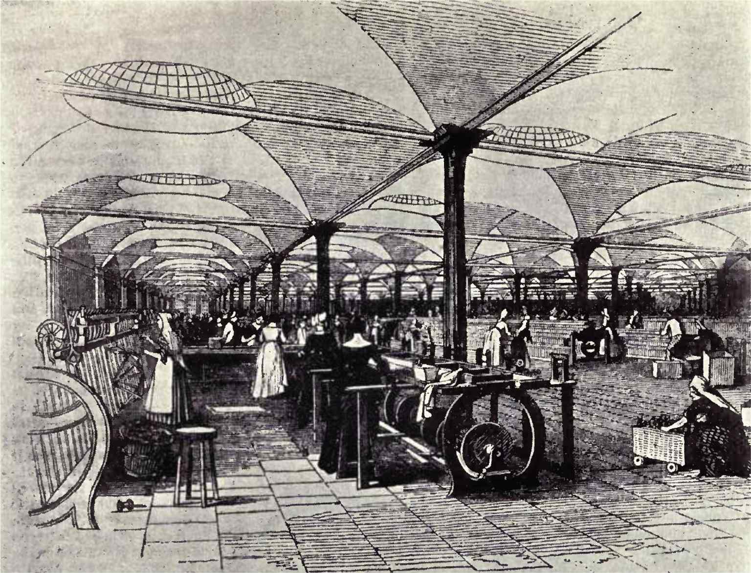 Workers at Marshall’s flax mill show the kind of machinery John Marshall introduced in the 1790s, when the site became a major flax factory in Holbeck.