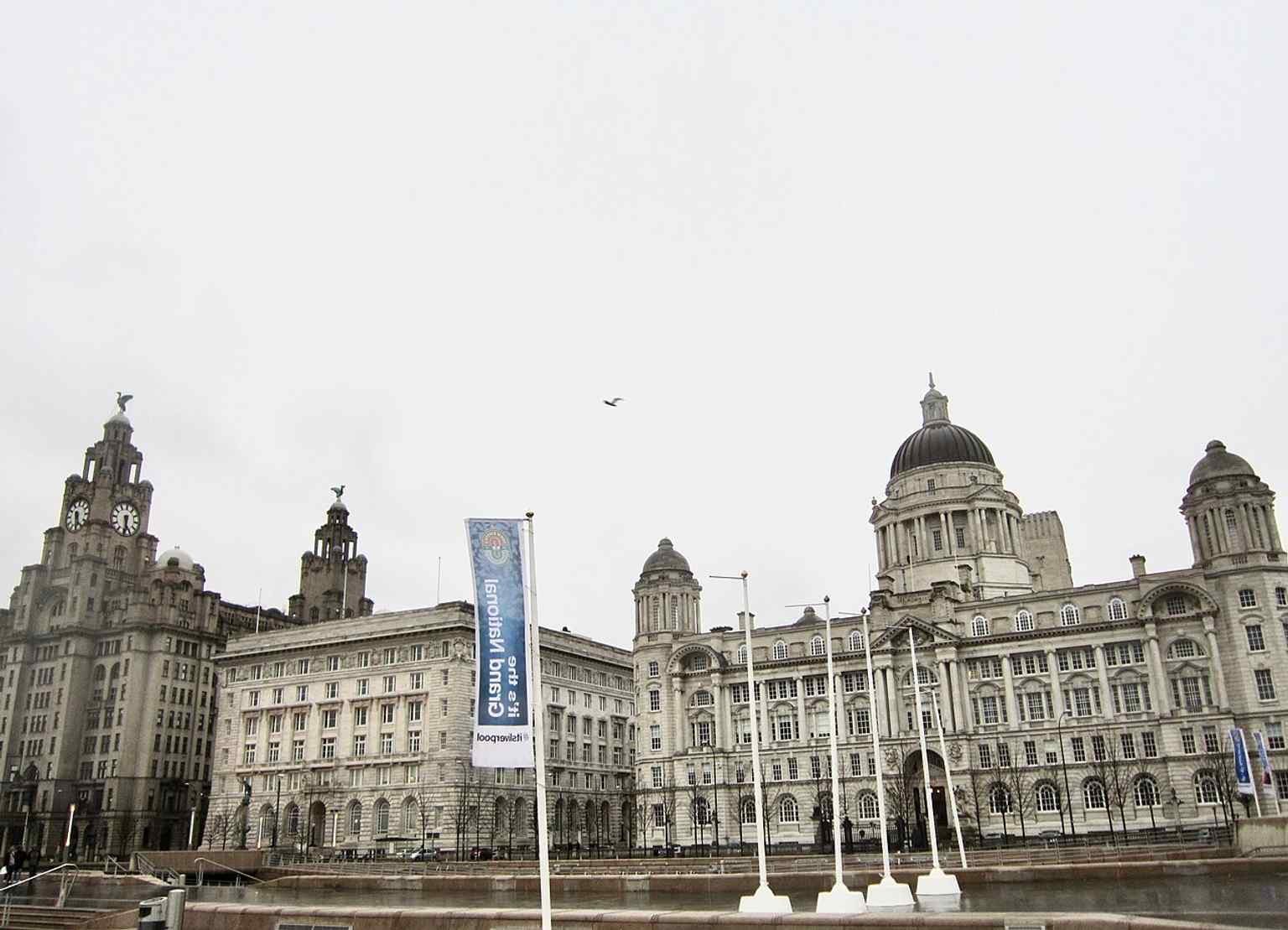 A broad portrait of the building and its twin Liver birds, with the captioned history tying it to architect Walter Aubrey Thomas and its 1911 completion.