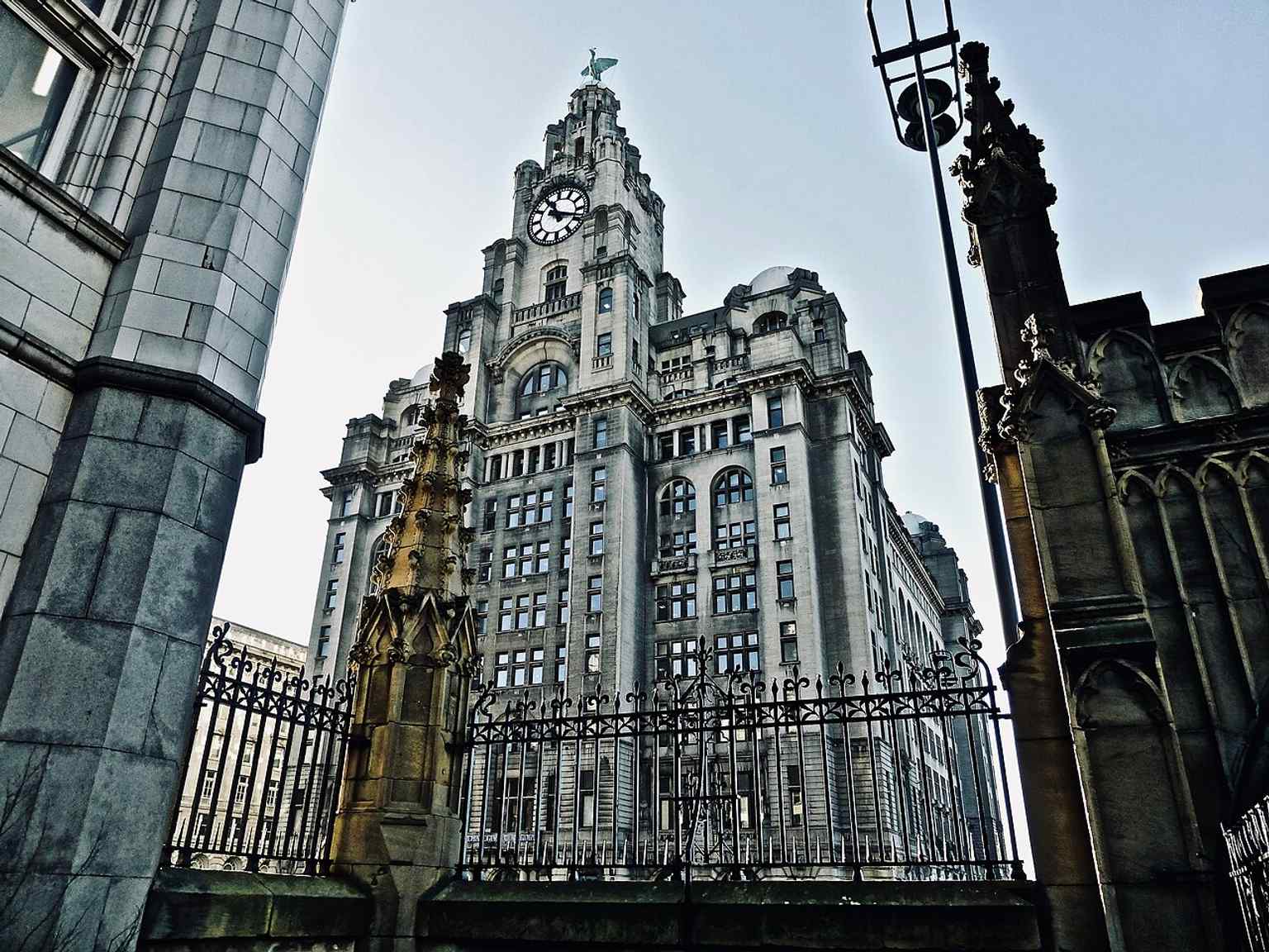 Viewed from St Luke’s churchyard, this angle shows how the Royal Liver Building rises above the city centre, not just the waterfront.