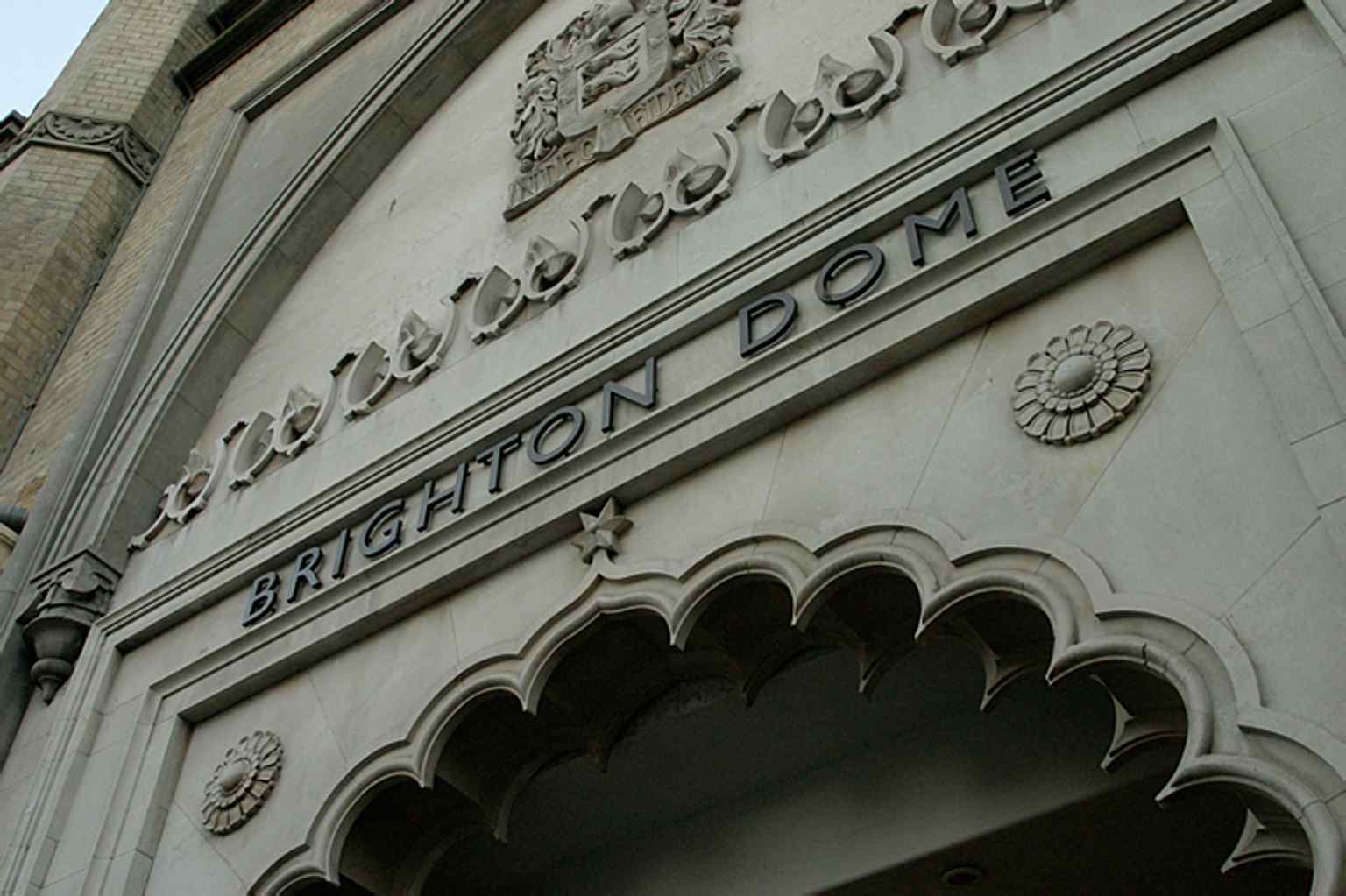 The entrance to the Brighton Dome complex, showing the public face of the building that was refurbished in the early 2000s.