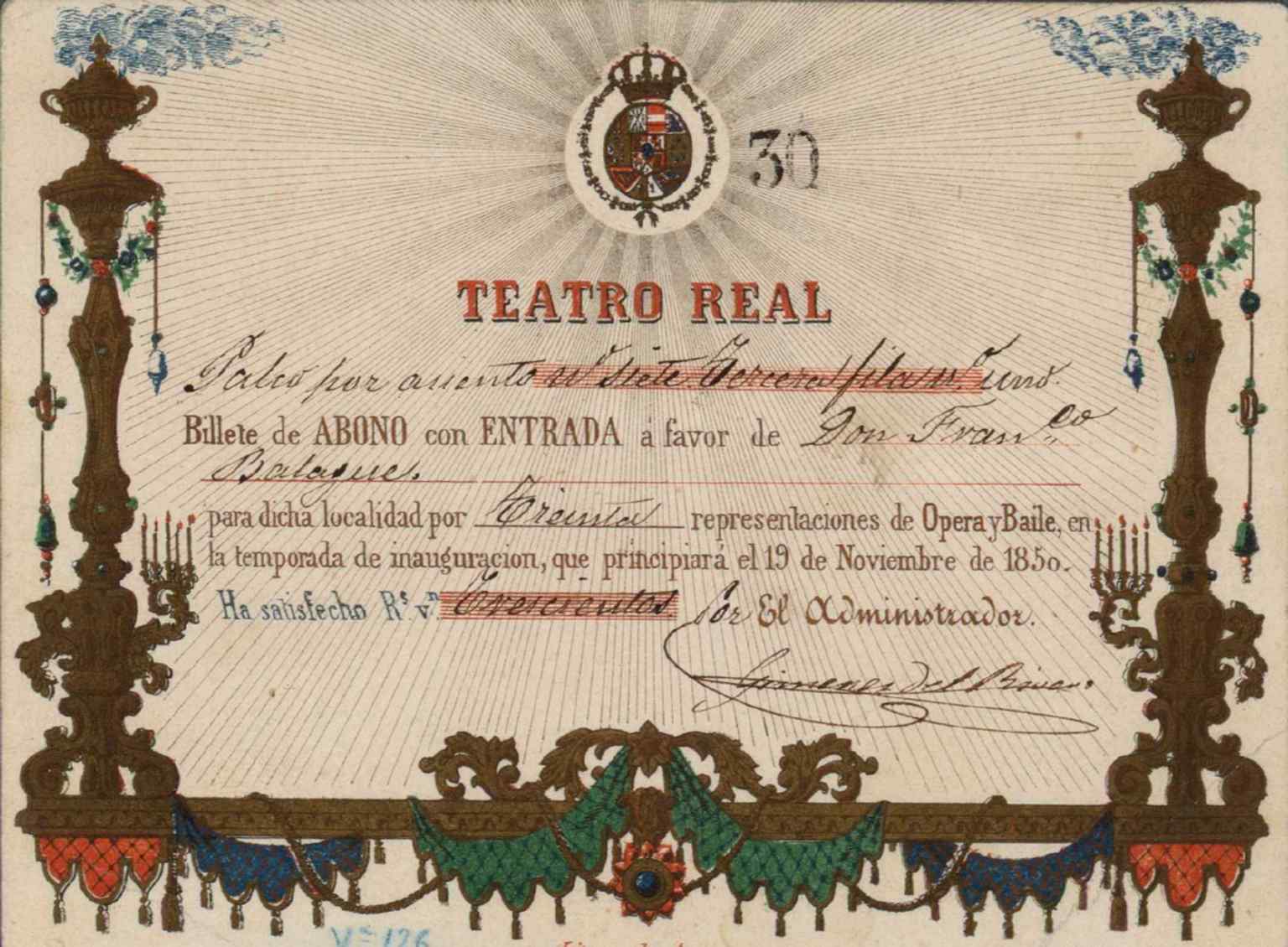 An original 1850 season ticket, tied to the theatre’s inaugural era and its first performances under Isabel II.