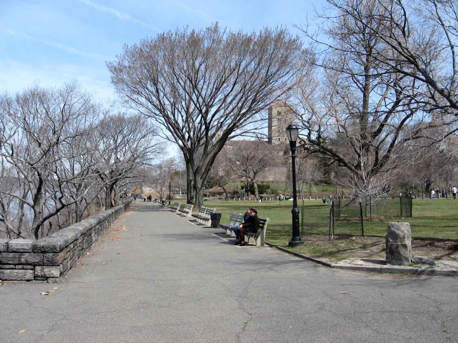 A classic view north toward the Cloisters, showing how the museum crowns Fort Tryon Park’s ridge above the Hudson.