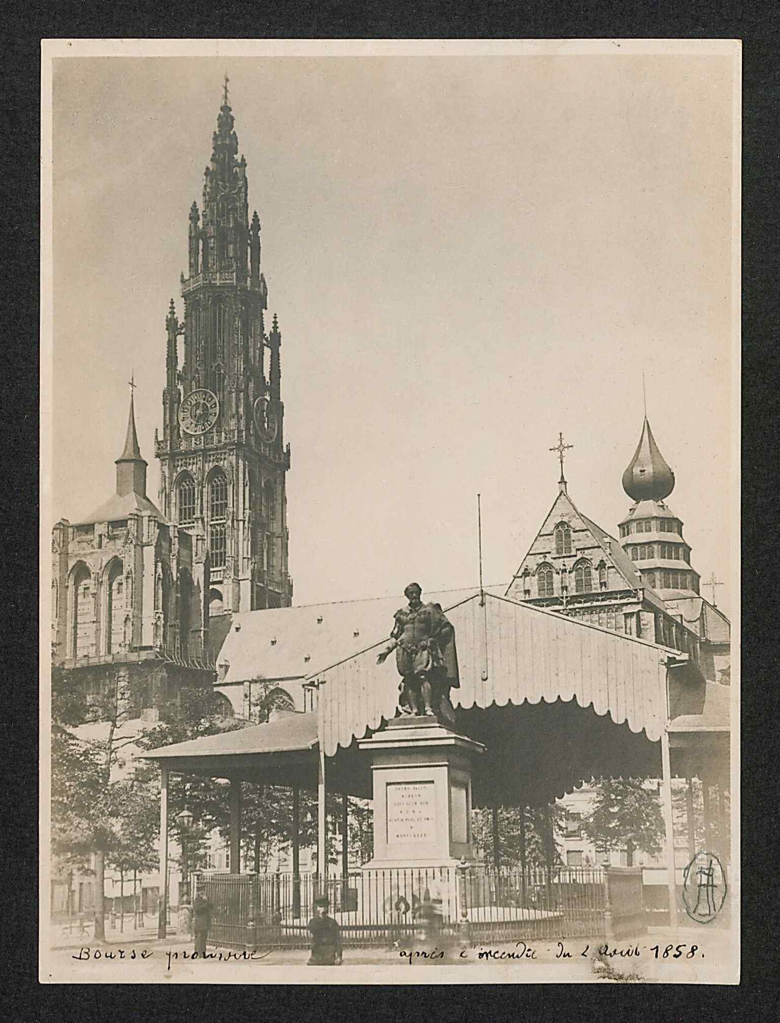 A 1857 print of the temporary Antwerp stock exchange on the Groenplaats, a reminder of how the square was used for emergency civic functions after the 1858 fire.