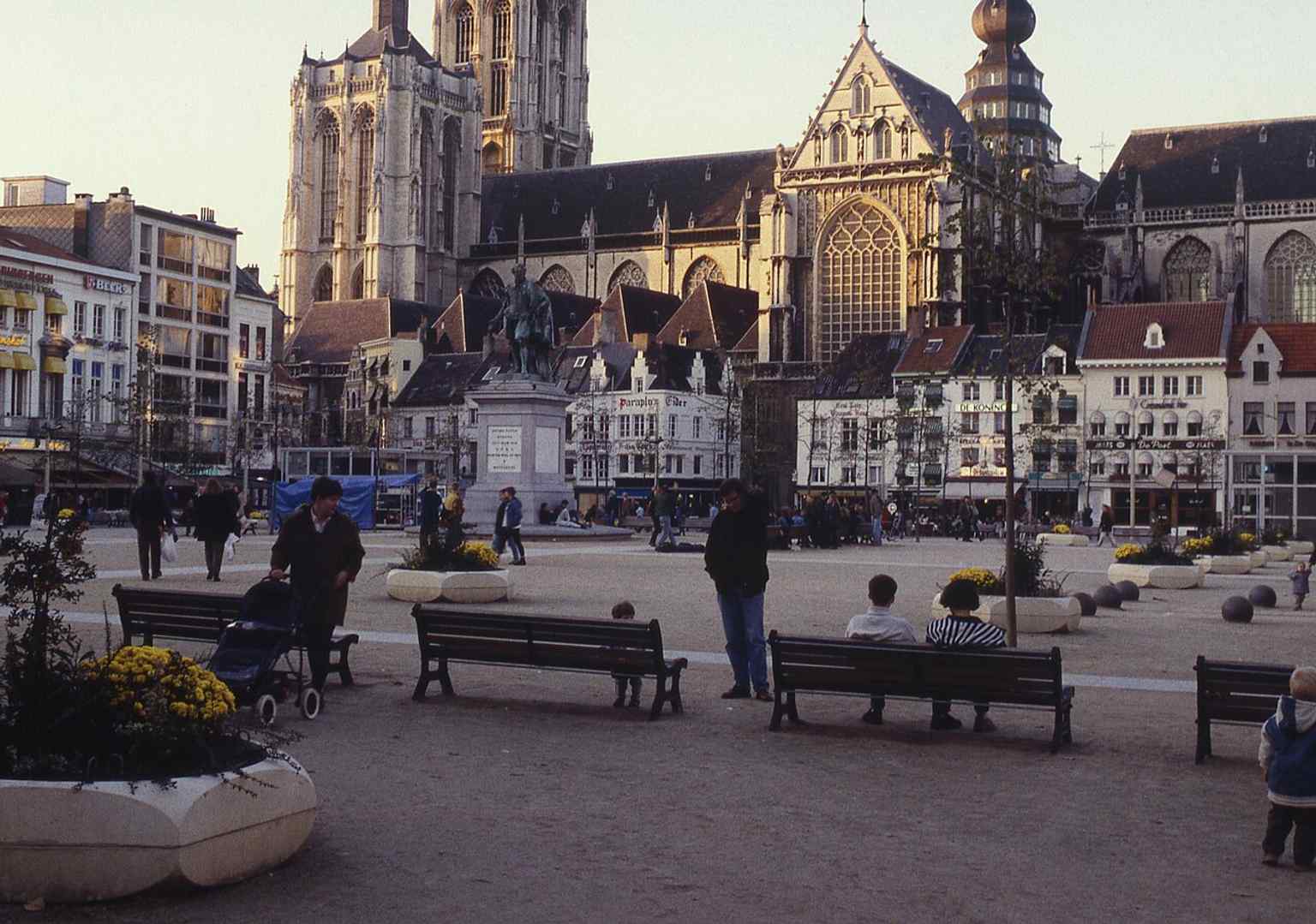 Another broad view of the Groenplaats, useful for showing the open pedestrian space in the center of Antwerp.