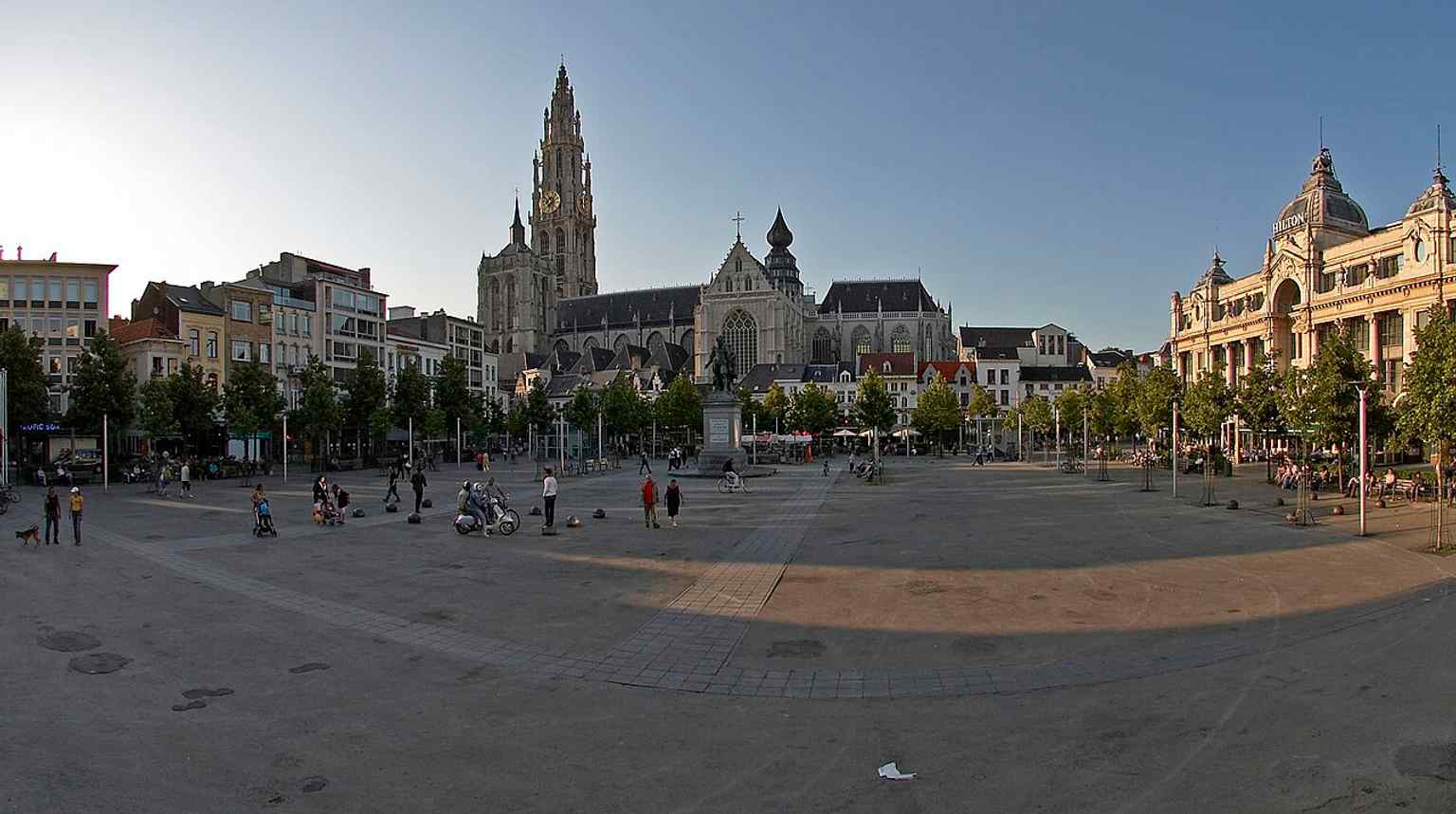 The open square with Rubens’ statue and the cathedral — the key landmark pairing that defines the Groenplaats today.
