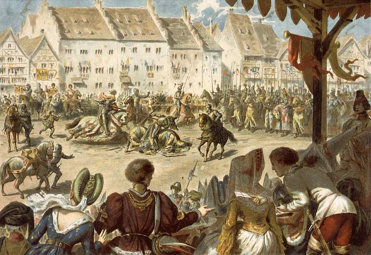 A lively 1890 horse tournament on the old Marché-aux-Chevaux, recalling the square’s medieval origin as a horse market.