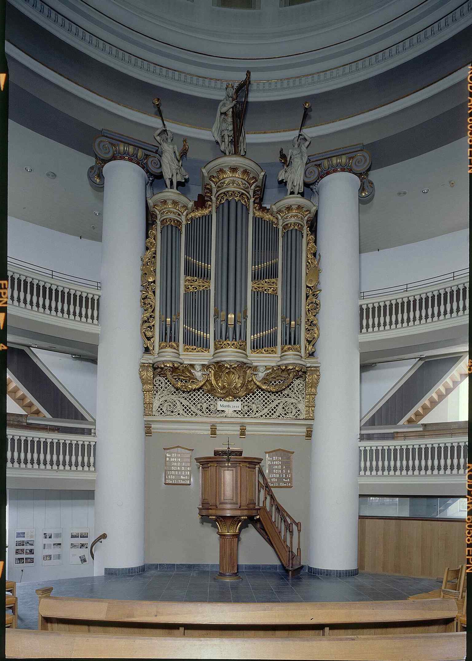 The organ in close view connects to the restored Naber organ, rebuilt after wartime damage and later renewed for concerts.