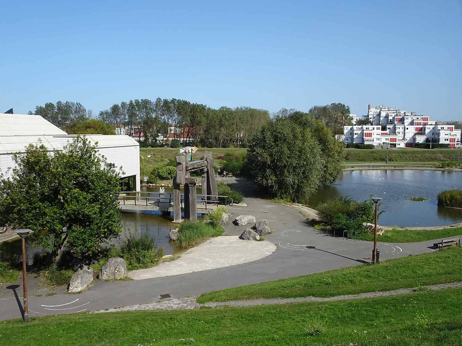 Another panoramic view of the LAAC complex, useful for seeing how the contemporary art museum sits in its garden of water, stone, and sculptures.