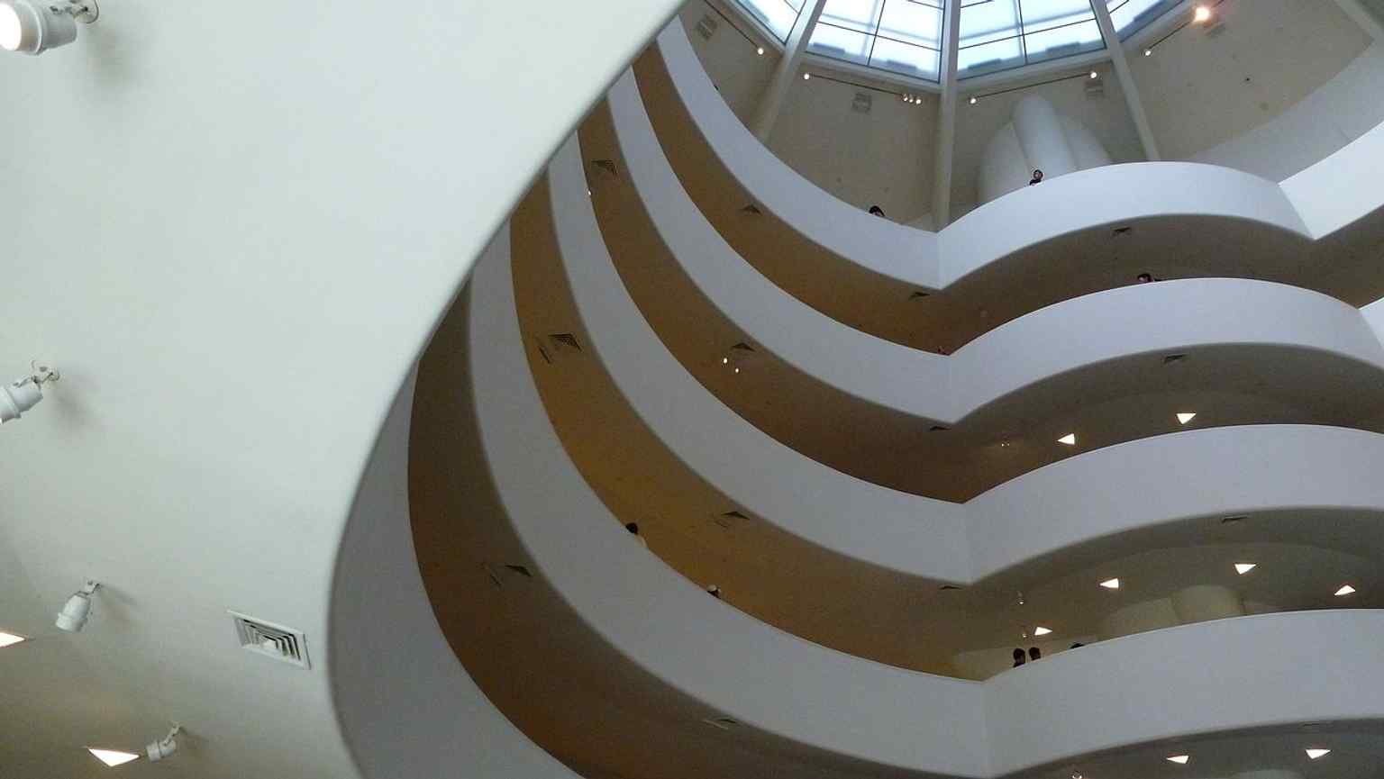 The terrazzo floor with circular inlays reflects Wright’s repeated use of circles and spirals throughout the museum.