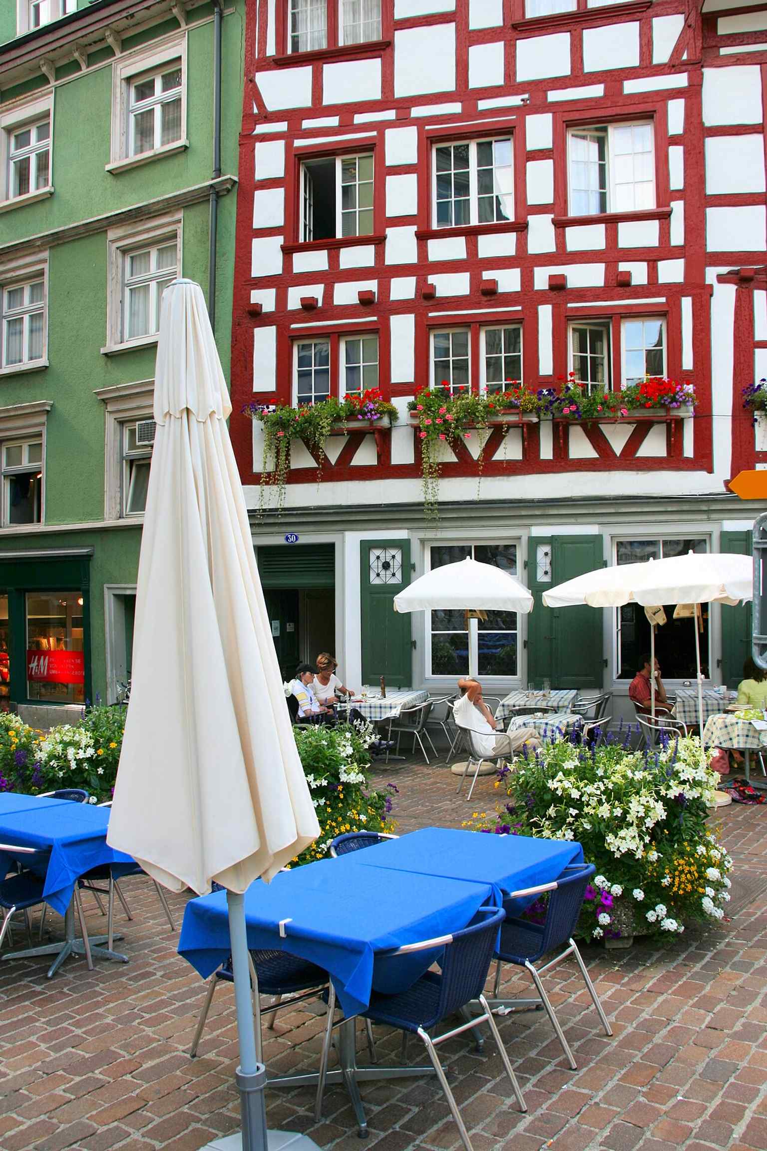A street scene in St. Gallen’s old town, showing the compact historic core that grew from the abbey settlement.