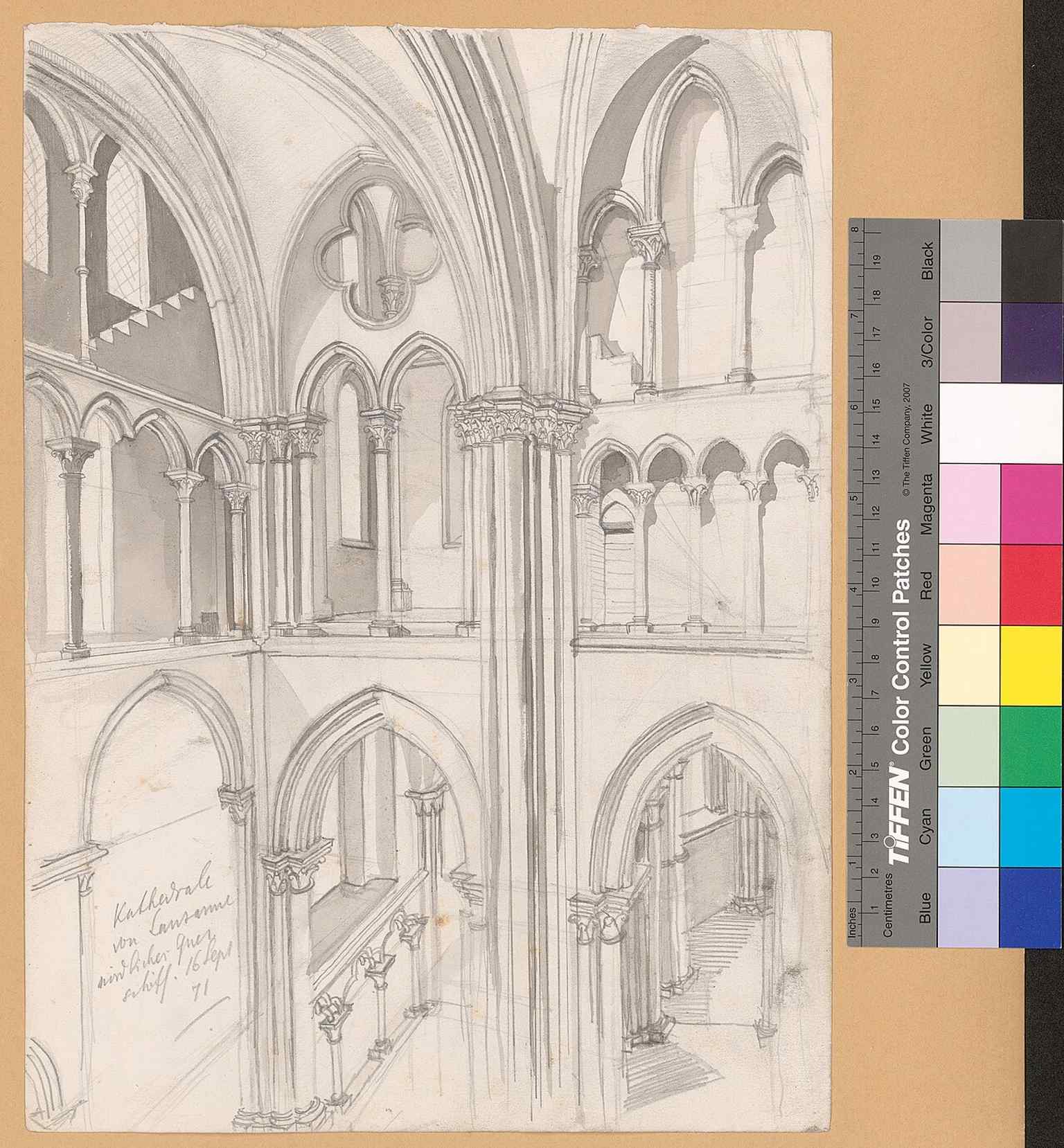 A 19th-century interior view of the north transept, useful for the building’s historic atmosphere before modern restorations and lighting changes.