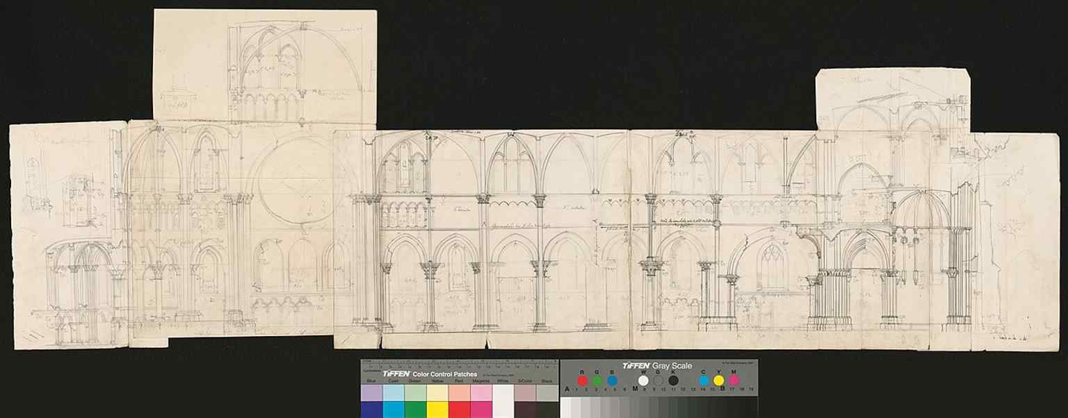 This 1860 longitudinal section reveals the cathedral’s full Gothic layout, including nave, transept, choir, and the prominent crossing tower.
