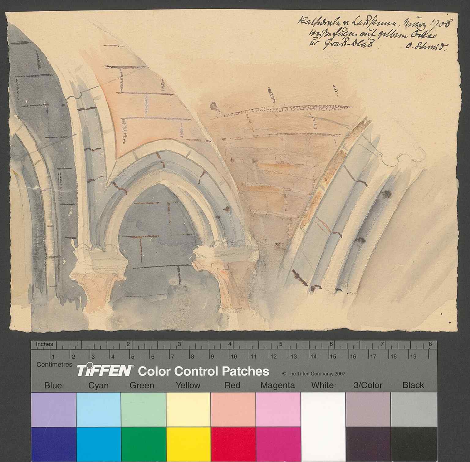Painted masonry detail from 1908, showing the grey-and-ochre interior palette that matches the cathedral’s original color scheme.