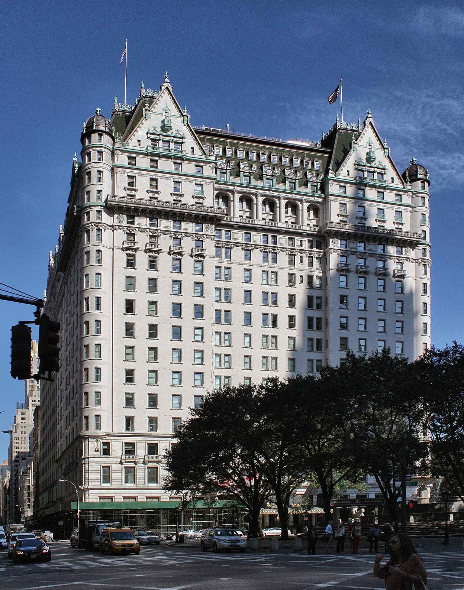 A classic full-height view of the Plaza’s Fifth Avenue side, showing the château-style façade that made the hotel an early-20th-century icon of luxury.