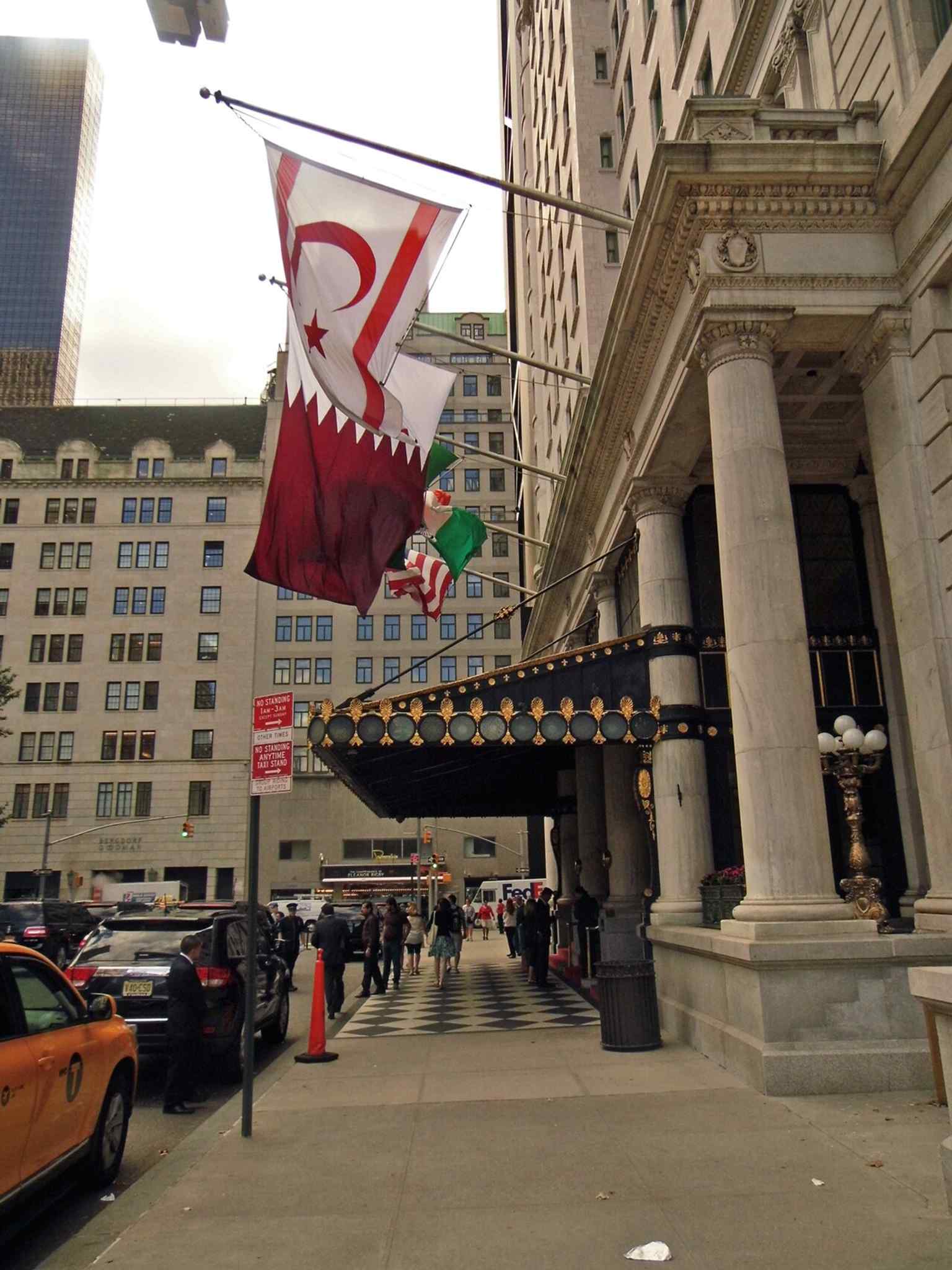 The main entrance on Central Park South, where the hotel’s grand arrival sequence begins just steps from Grand Army Plaza and the Pulitzer Fountain.