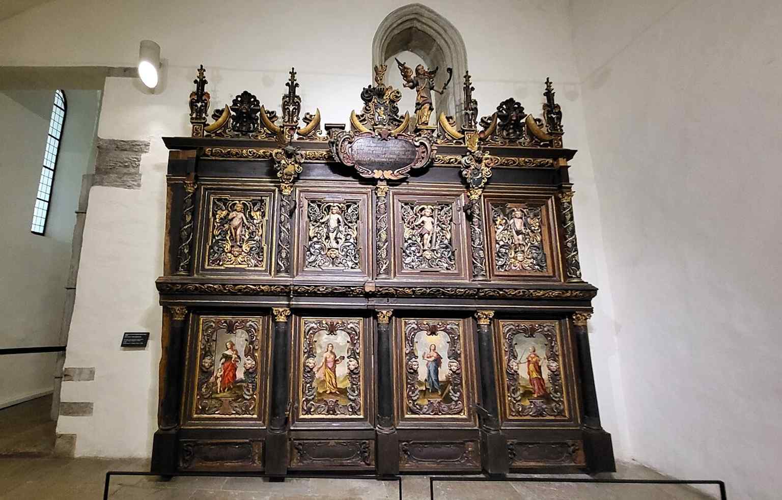 The decorative screen of the Bogislaus von Rosen chapel, part of the richly preserved interior now used as a museum and concert hall.