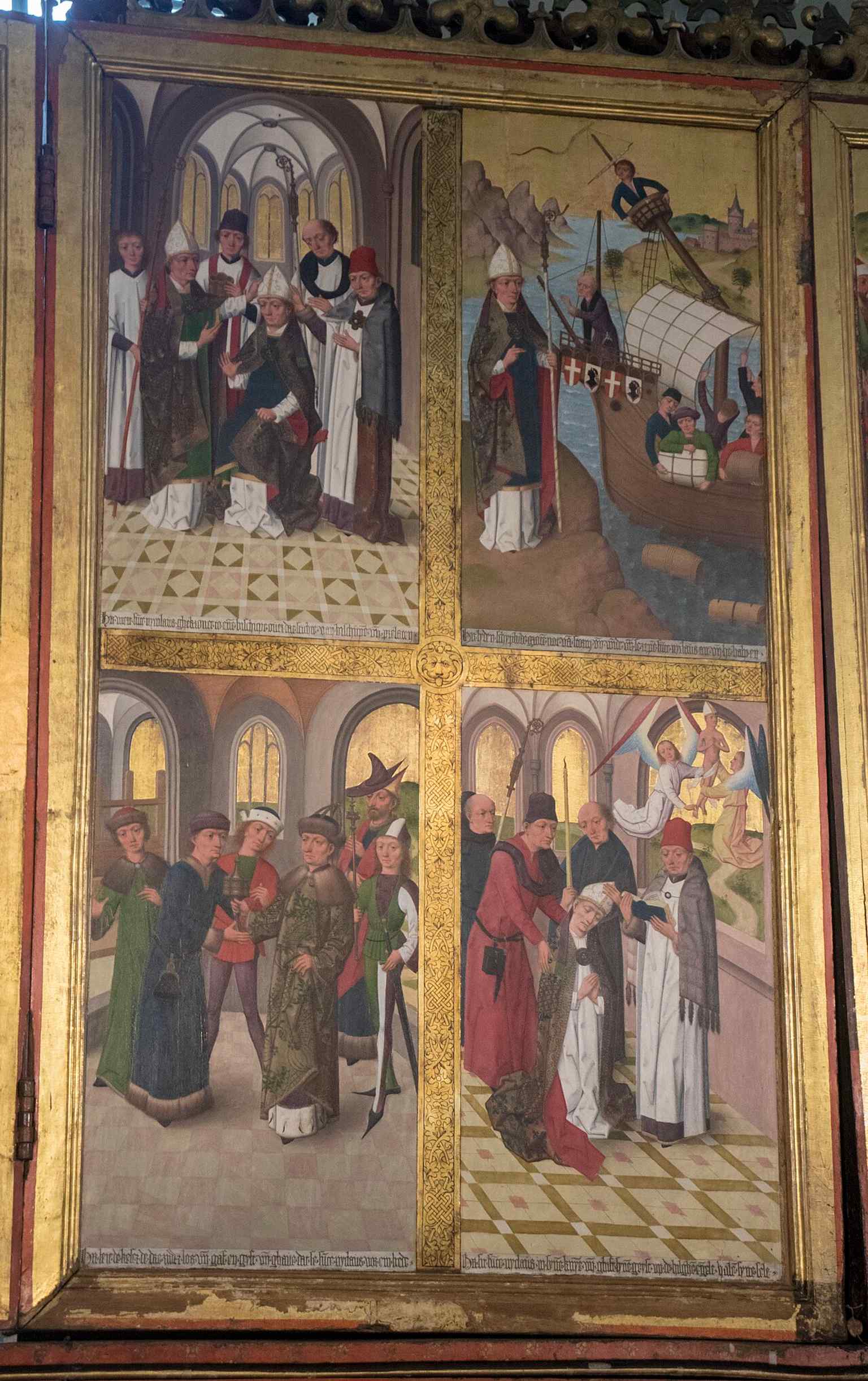 A detail from the Hermen Rode altarpiece showing scenes from Saint Nicholas’s life, including the rescue of sailors and merchants.