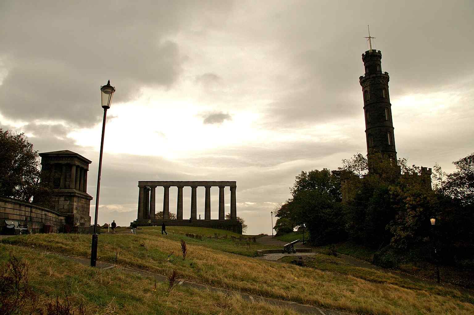 A broad Calton Hill view with both the National Monument and Nelson’s Monument, useful for comparing Edinburgh’s great commemorative landmarks.