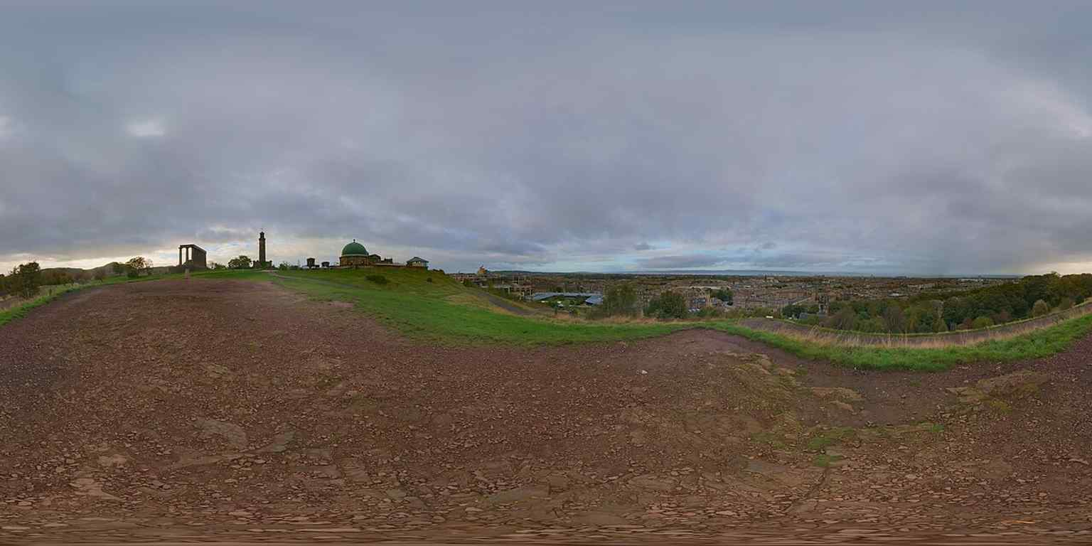A panoramic view from Calton Hill that places the monument within Edinburgh’s skyline and helps explain its dramatic hilltop position.