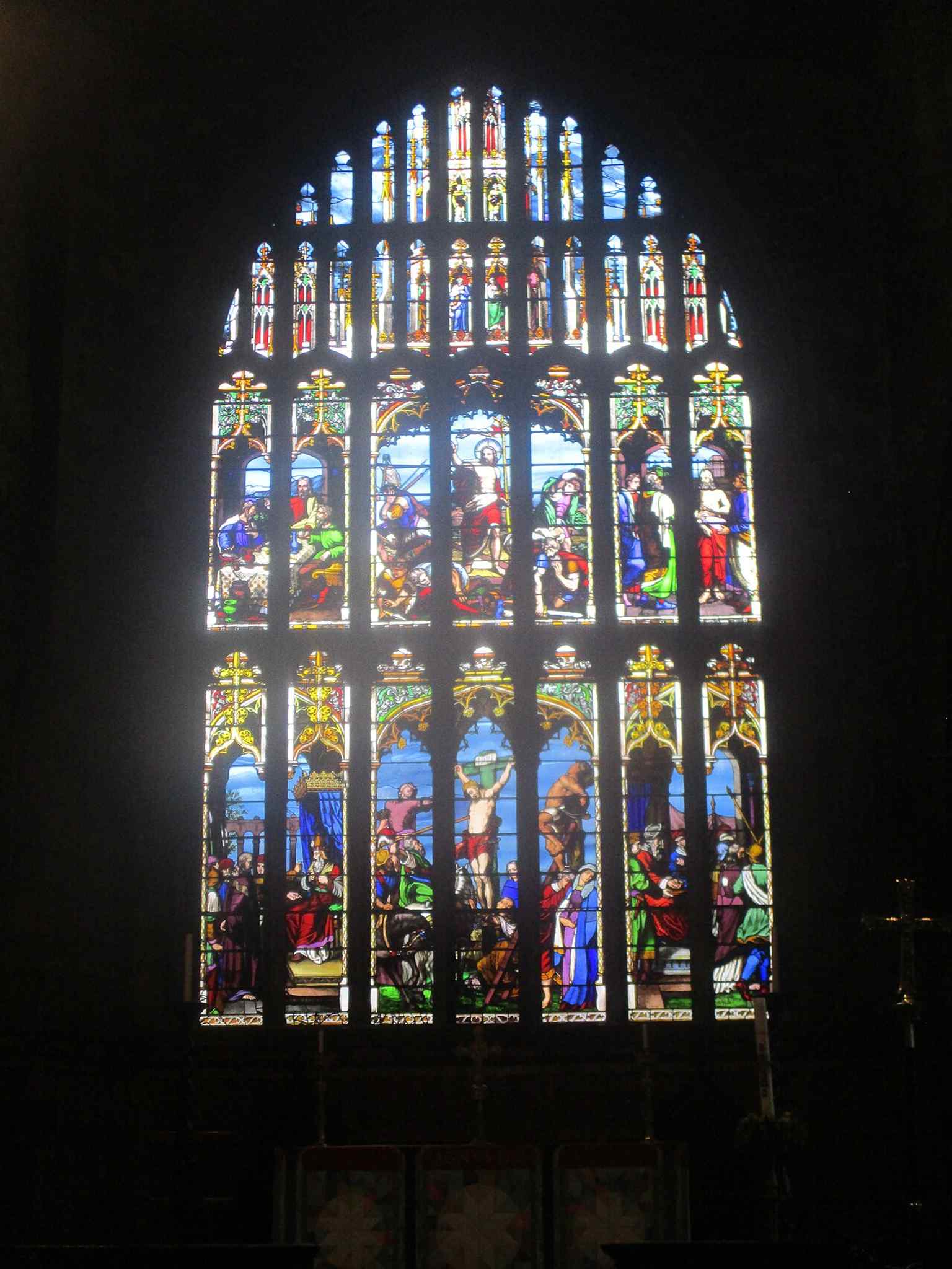 A stained-glass window detail, part of the Minster’s mix of surviving medieval and Victorian glass.