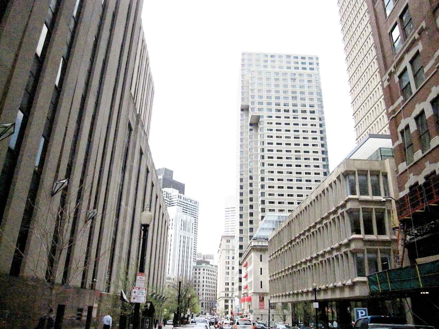 A broad city-view of Post Office Square in downtown Boston, useful for showing its position in the financial district.