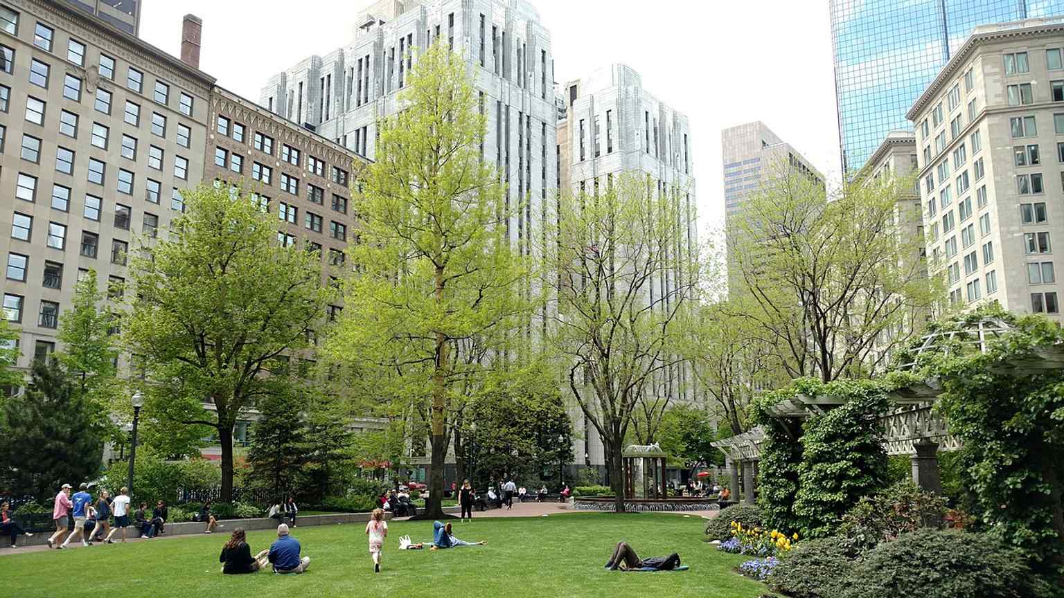 Post Office Square today, with the public park at the center of the financial district.