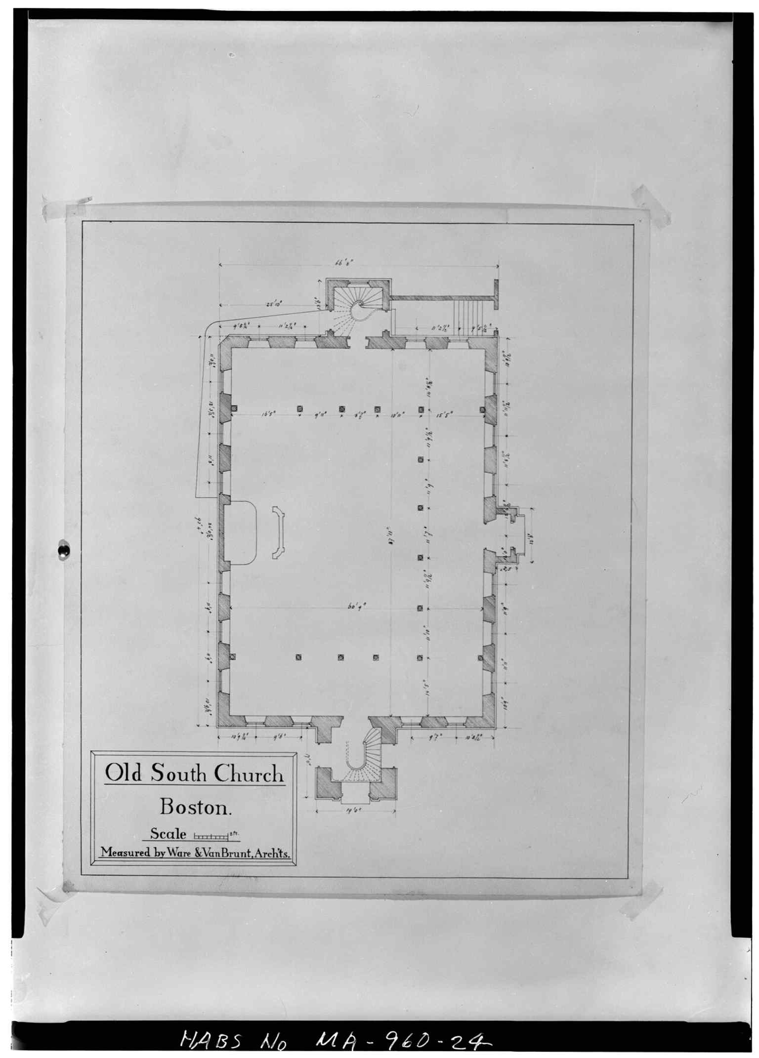 The first-floor plan gives a floor-by-floor look at the meeting house’s original church layout.