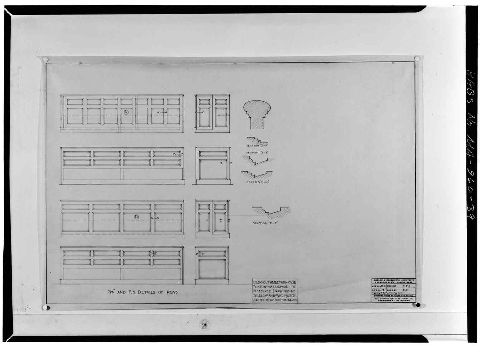 Detail drawings of the pews connect to the packed meetings that turned this church into Boston’s famous "mouth-house".